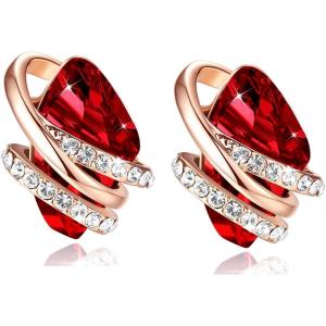Leafael Wish Stone Stud Earrings with Birthstone Crystals, 18K Rose Gold Plated or Silver-tone(01-January July Birthstone-Ruby Red)