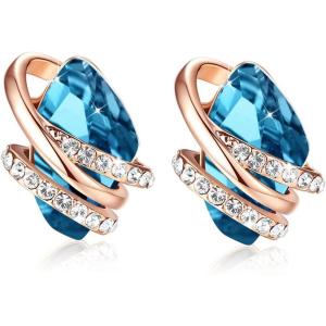 Leafael Wish Stone Stud Earrings with Birthstone Crystals, 18K Rose Gold Plated or Silver-tone(12-December Birthstone-Zircon Blue)