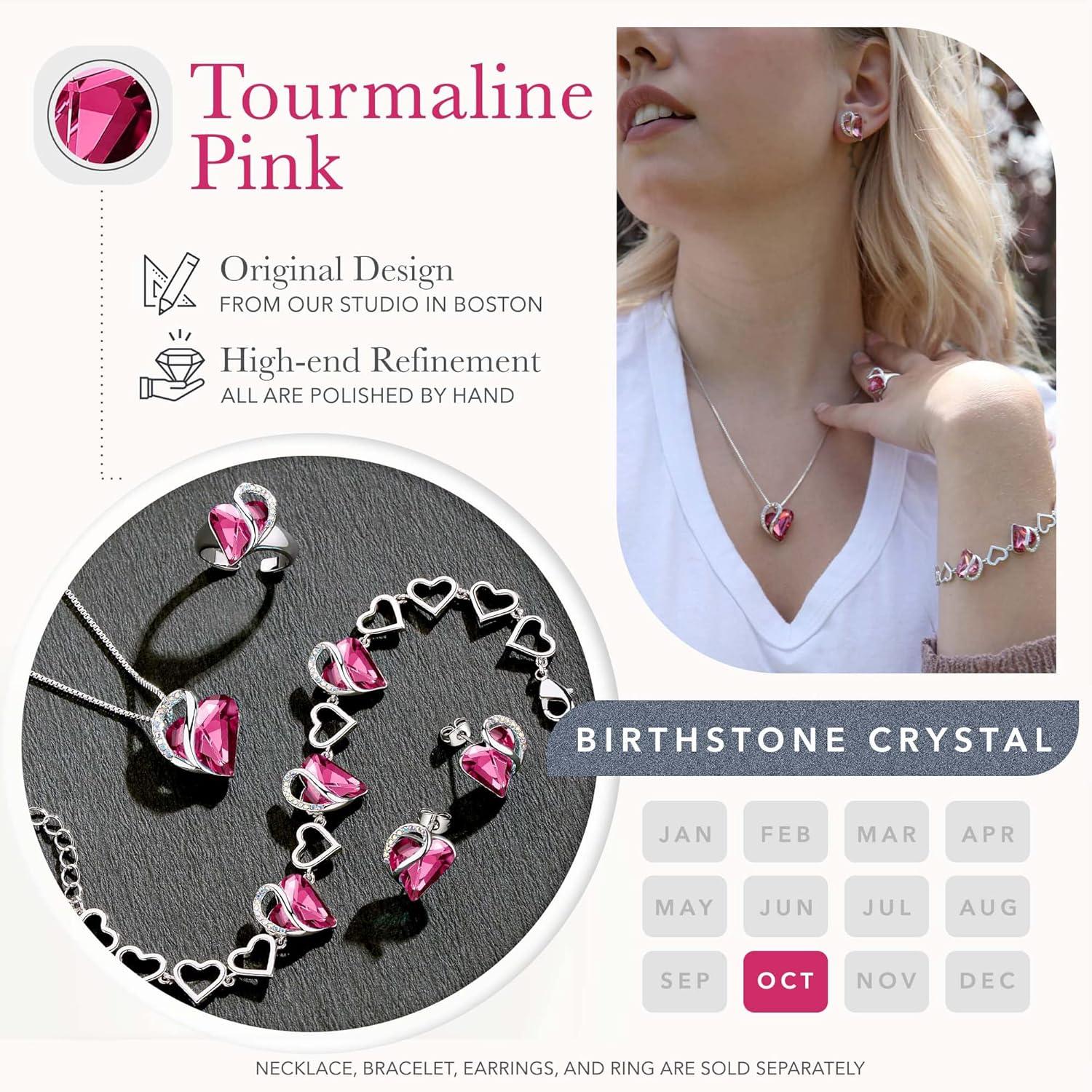 imageLeafael Infinity Love Heart Link Bracelets Birthstone or Healing Stone Crystal Bracelet for Women Silver Tone Jewelry Gifts for Her 7inch Chain and 2inch Extender10aOctoberTourmaline Hot Pink