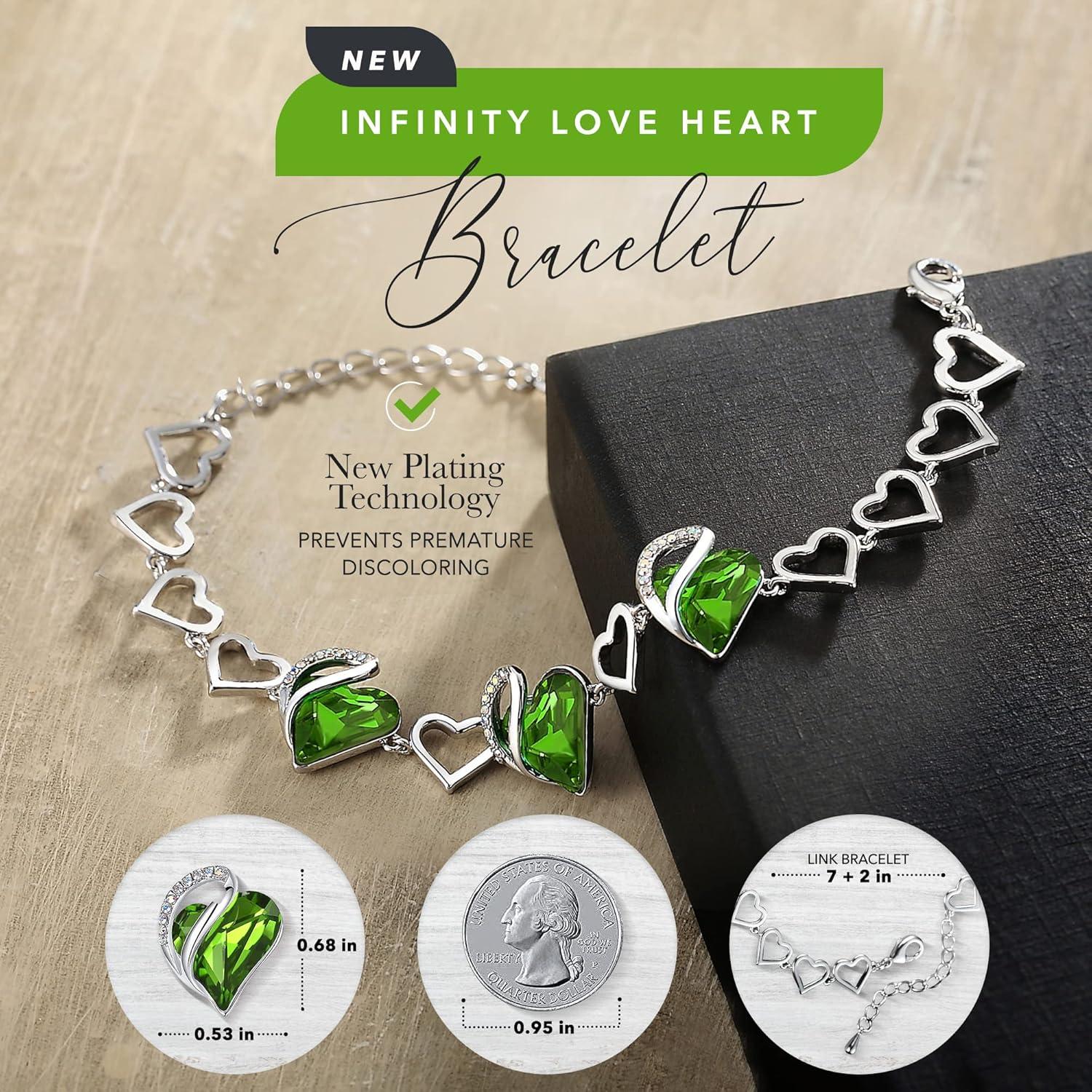 imageLeafael Infinity Love Heart Link Bracelets Birthstone or Healing Stone Crystal Bracelet for Women Silver Tone Jewelry Gifts for Her 7inch Chain and 2inch Extender08AugustPeridot Green
