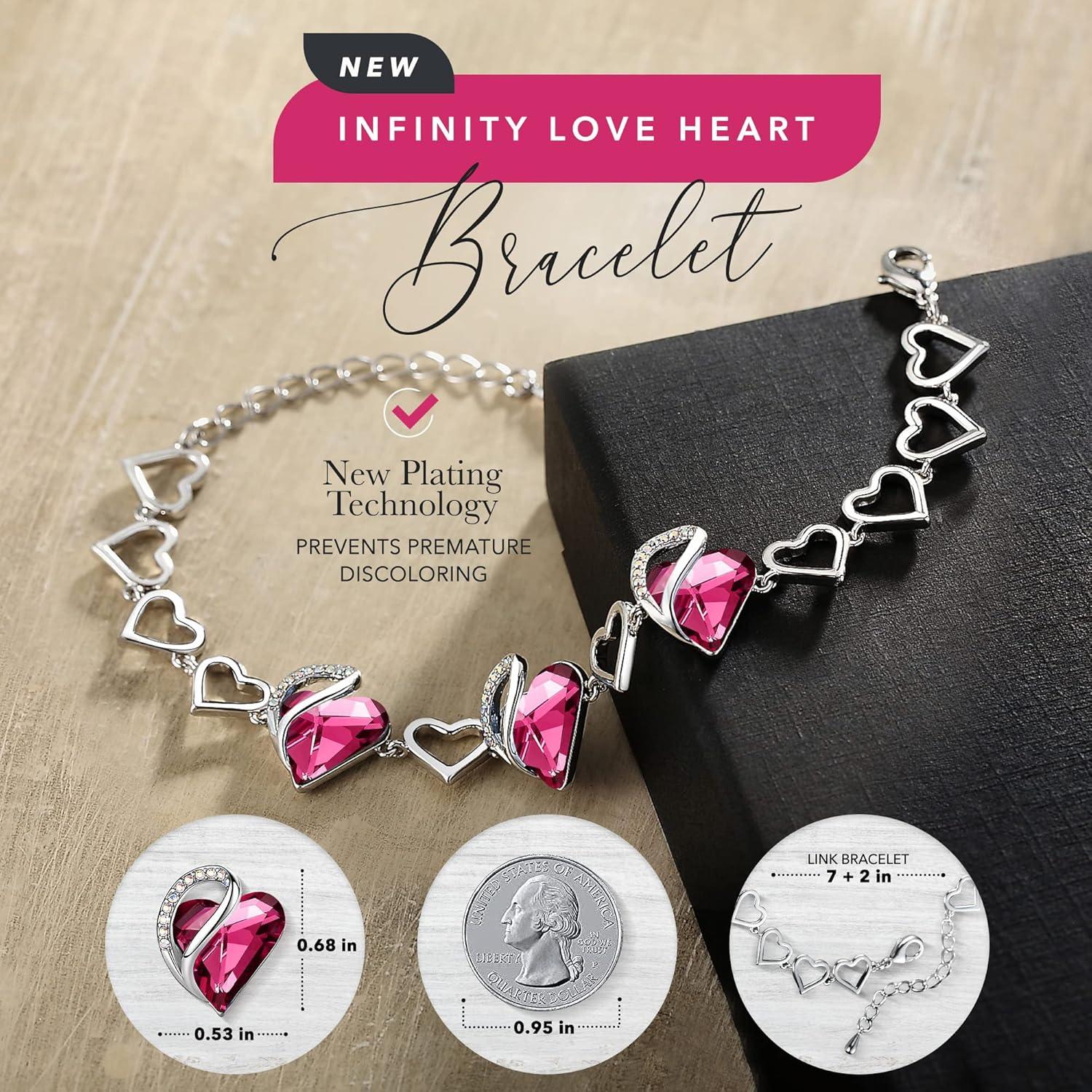 imageLeafael Infinity Love Heart Link Bracelets Birthstone or Healing Stone Crystal Bracelet for Women Silver Tone Jewelry Gifts for Her 7inch Chain and 2inch Extender10aOctoberTourmaline Hot Pink