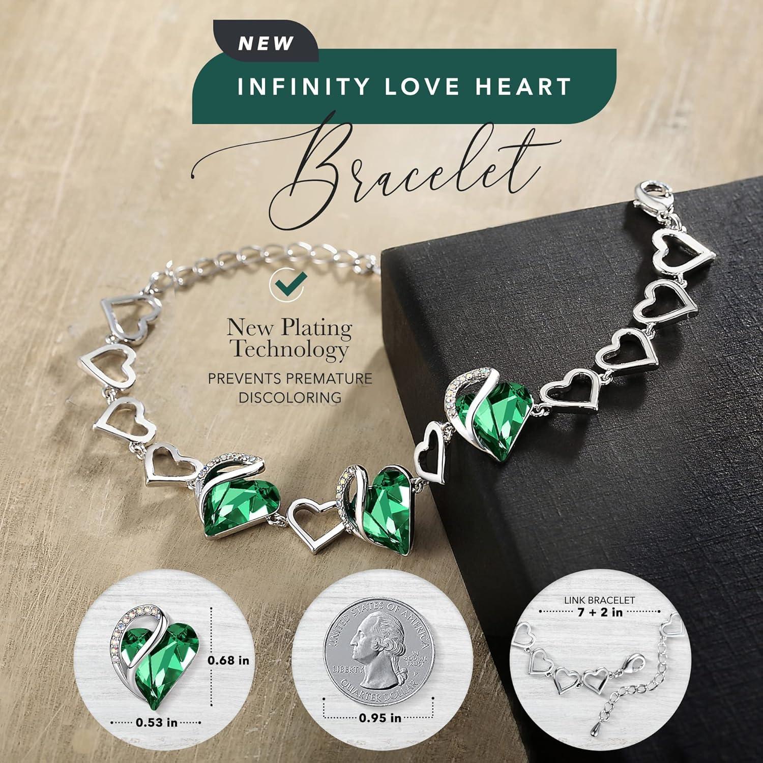 imageLeafael Infinity Love Heart Link Bracelets Birthstone or Healing Stone Crystal Bracelet for Women Silver Tone Jewelry Gifts for Her 7inch Chain and 2inch Extender05MayEmerald Green
