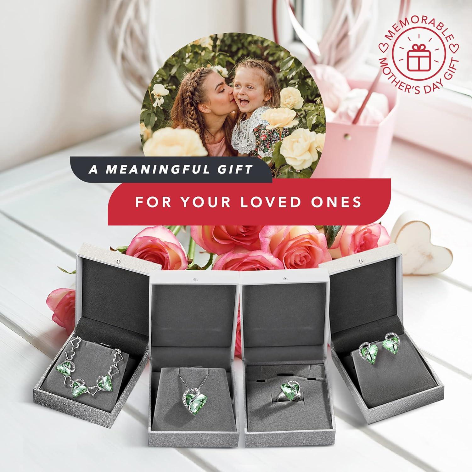 imageLeafael Infinity Love Heart Necklace Stud Earrings Bracelet and Ring Set August Birthstone Crystal Jewelry Silver Tone Gifts for Women Light Chrysolite Green
