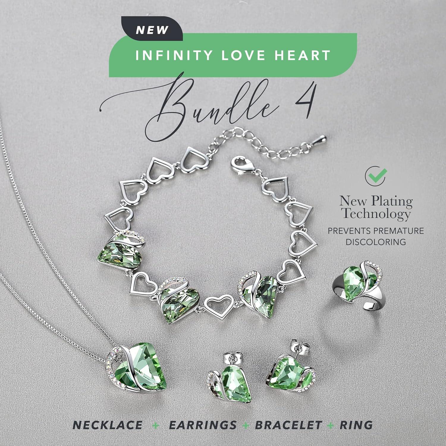 imageLeafael Infinity Love Heart Necklace Stud Earrings Bracelet and Ring Set August Birthstone Crystal Jewelry Silver Tone Gifts for Women Light Chrysolite Green