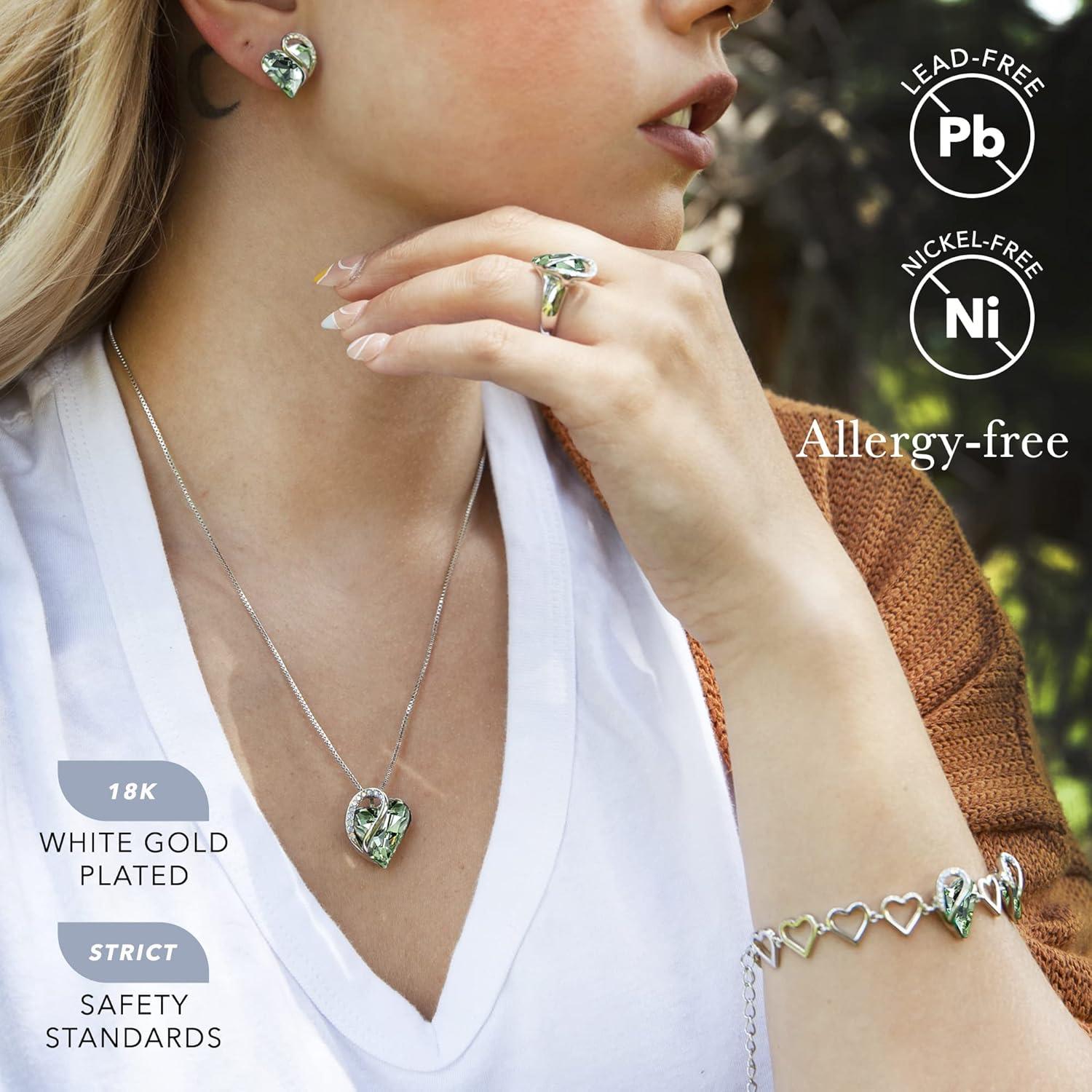 imageLeafael Infinity Love Heart Necklace Stud Earrings Bracelet and Ring Set August Birthstone Crystal Jewelry Silver Tone Gifts for Women Light Chrysolite Green
