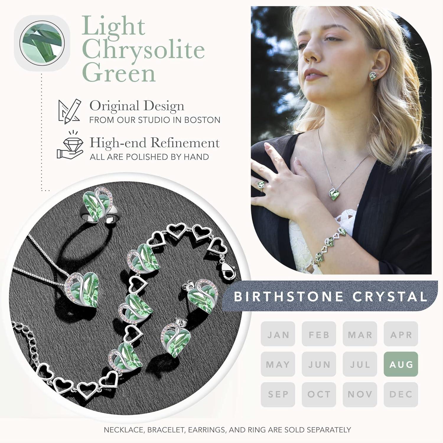 imageLeafael Infinity Love Heart Necklace Stud Earrings Bracelet and Ring Set August Birthstone Crystal Jewelry Silver Tone Gifts for Women Light Chrysolite Green