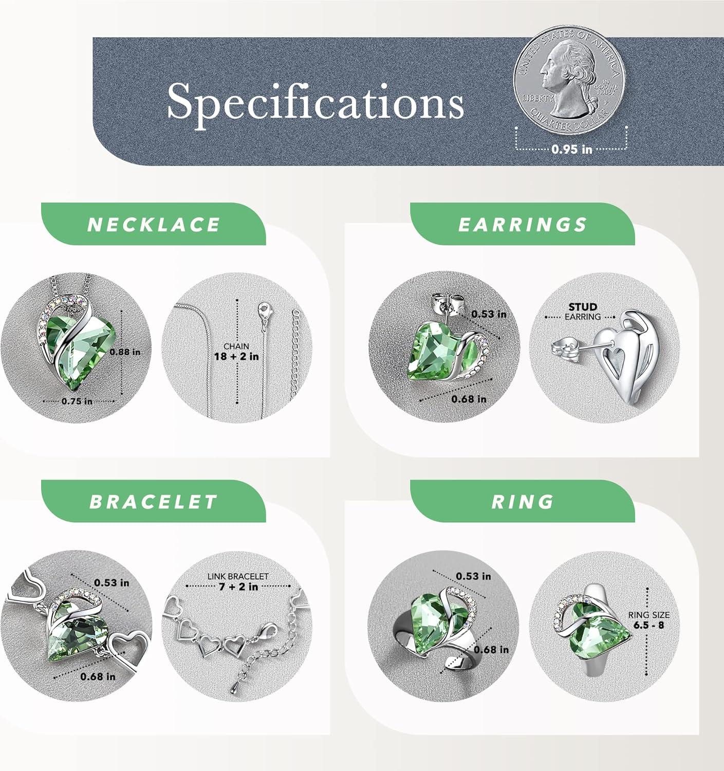 imageLeafael Infinity Love Heart Necklace Stud Earrings Bracelet and Ring Set August Birthstone Crystal Jewelry Silver Tone Gifts for Women Light Chrysolite Green