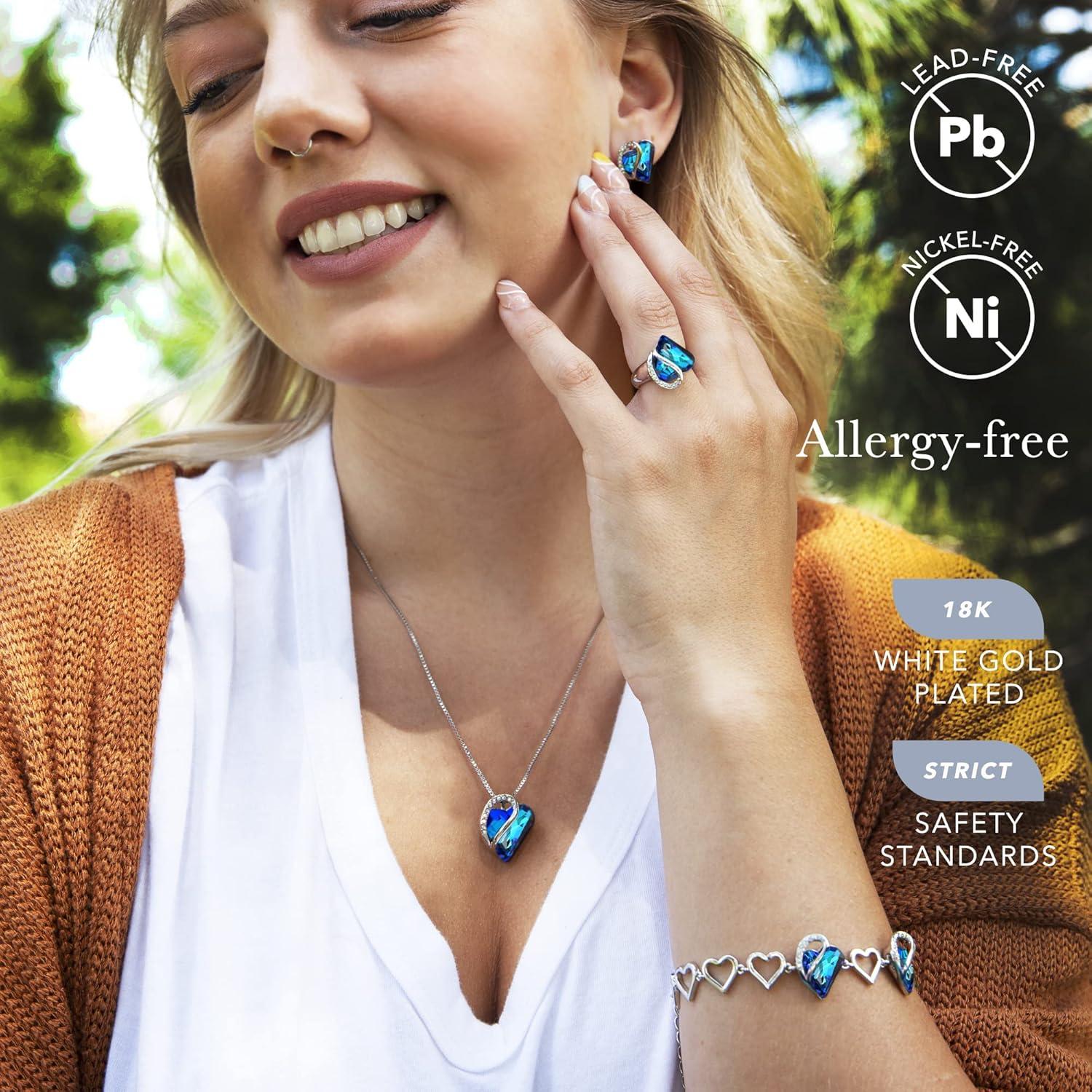 imageLeafael Infinity Love Heart Necklace Stud Earrings Bracelet and Ring Set September Birthstone Crystal Jewelry Silver Tone Gifts for Women Rainbow Sapphire Blue