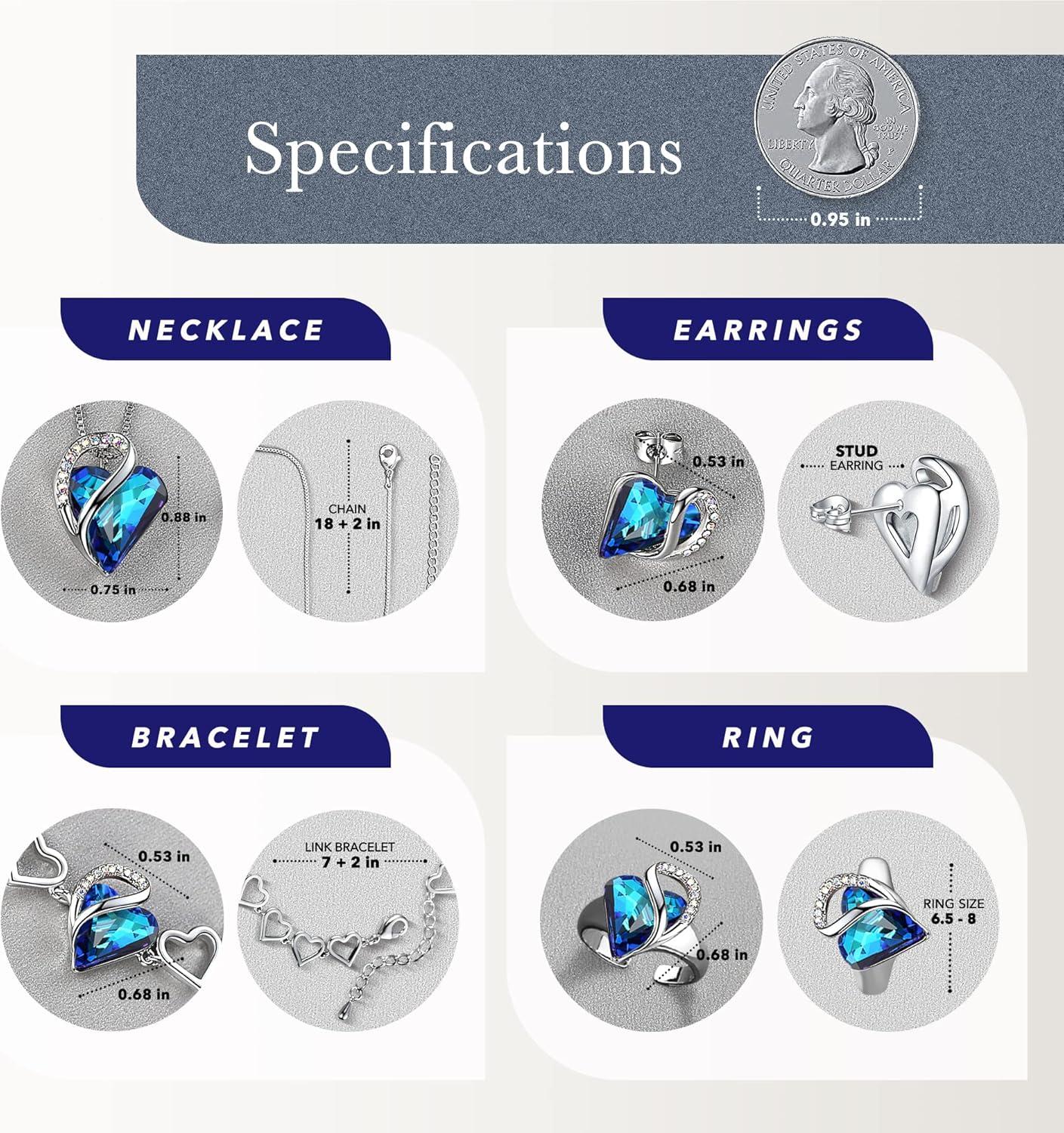 imageLeafael Infinity Love Heart Necklace Stud Earrings Bracelet and Ring Set September Birthstone Crystal Jewelry Silver Tone Gifts for Women Rainbow Sapphire Blue