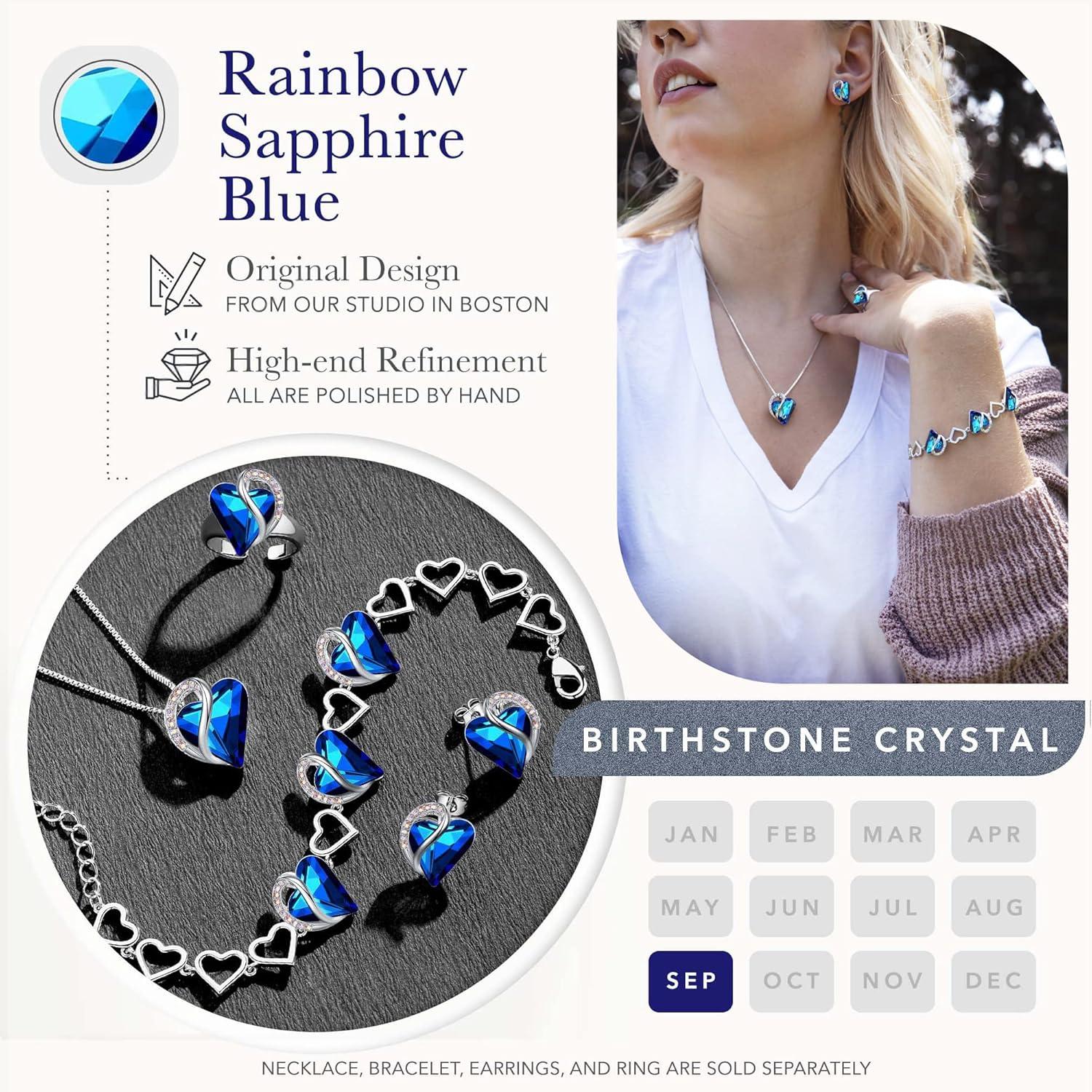 imageLeafael Infinity Love Heart Necklace Stud Earrings Bracelet and Ring Set September Birthstone Crystal Jewelry Silver Tone Gifts for Women Rainbow Sapphire Blue