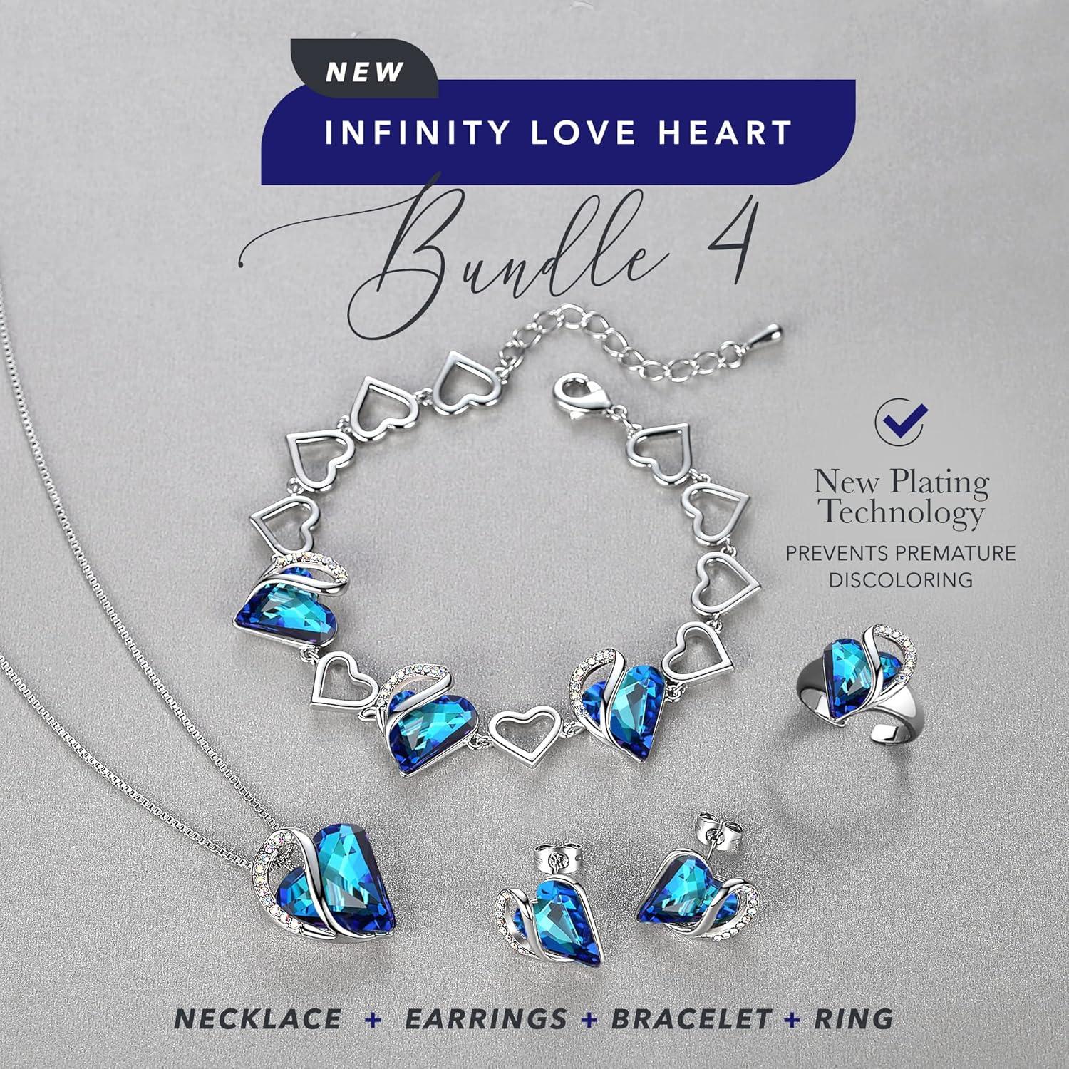 imageLeafael Infinity Love Heart Necklace Stud Earrings Bracelet and Ring Set September Birthstone Crystal Jewelry Silver Tone Gifts for Women Rainbow Sapphire Blue