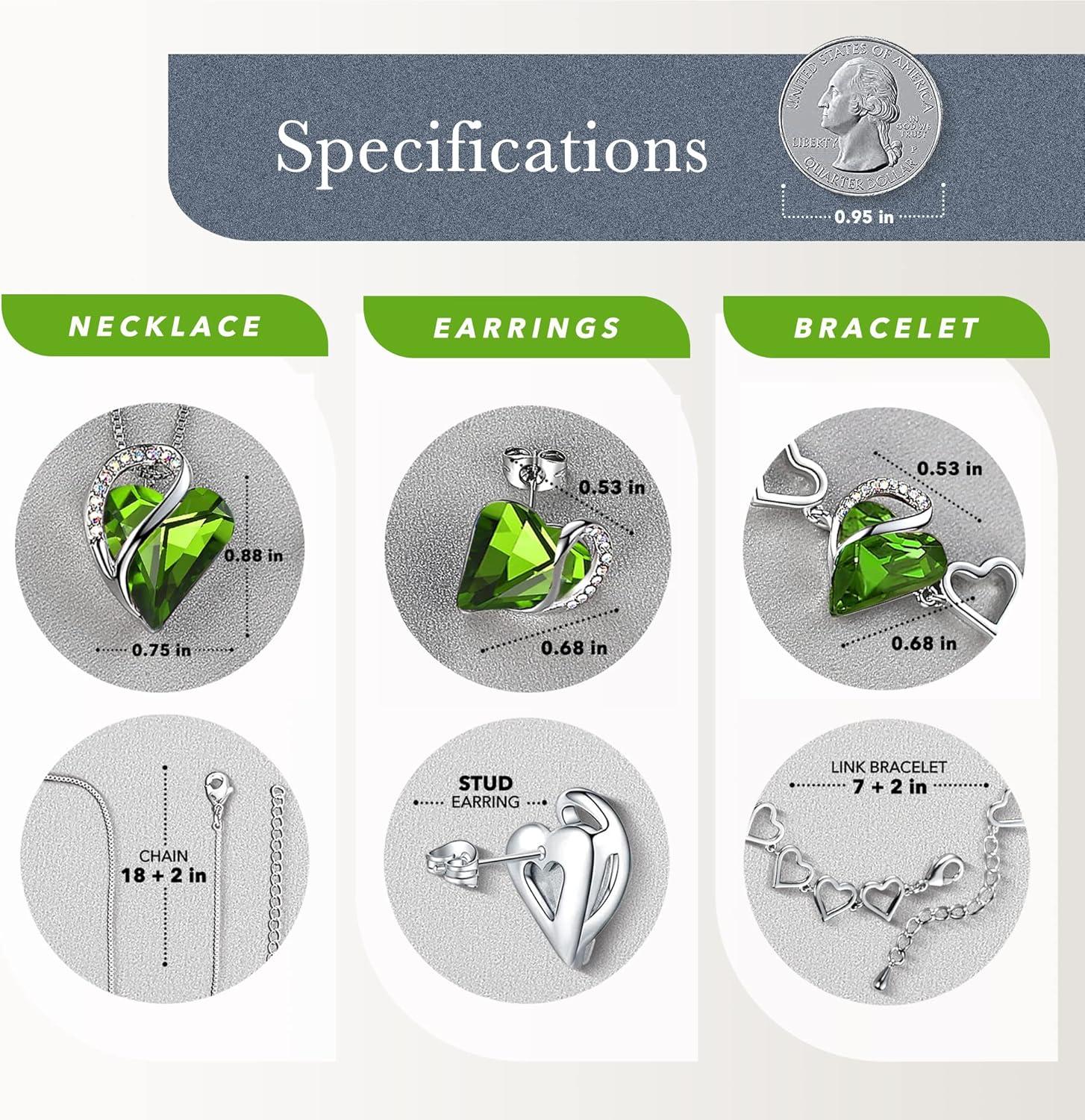 imageLeafael Infinity Love Heart Necklace Stud Earrings and Bracelet for Women August Birthstone Crystal Jewelry Silver Tone Gifts for Women Peridot Green