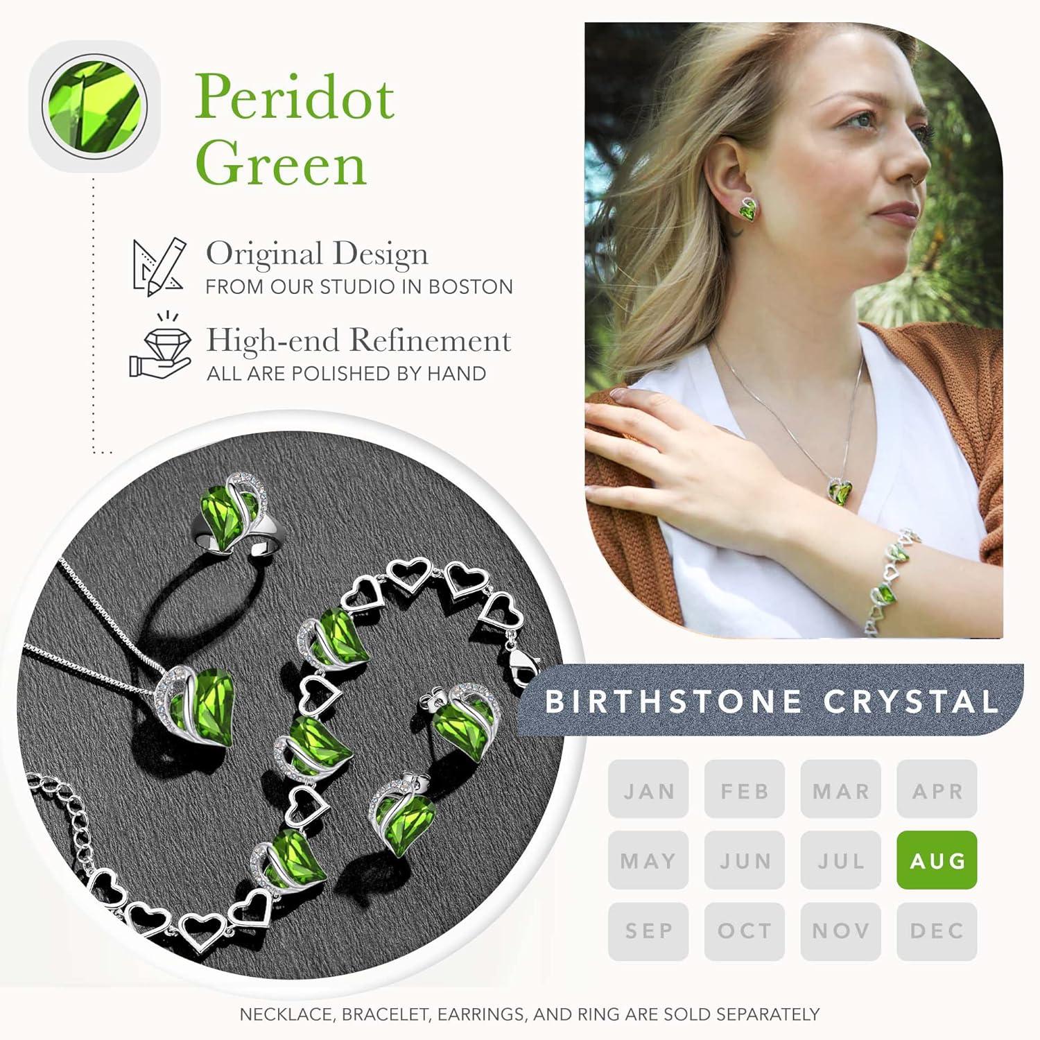 imageLeafael Infinity Love Heart Necklace Stud Earrings and Bracelet for Women August Birthstone Crystal Jewelry Silver Tone Gifts for Women Peridot Green