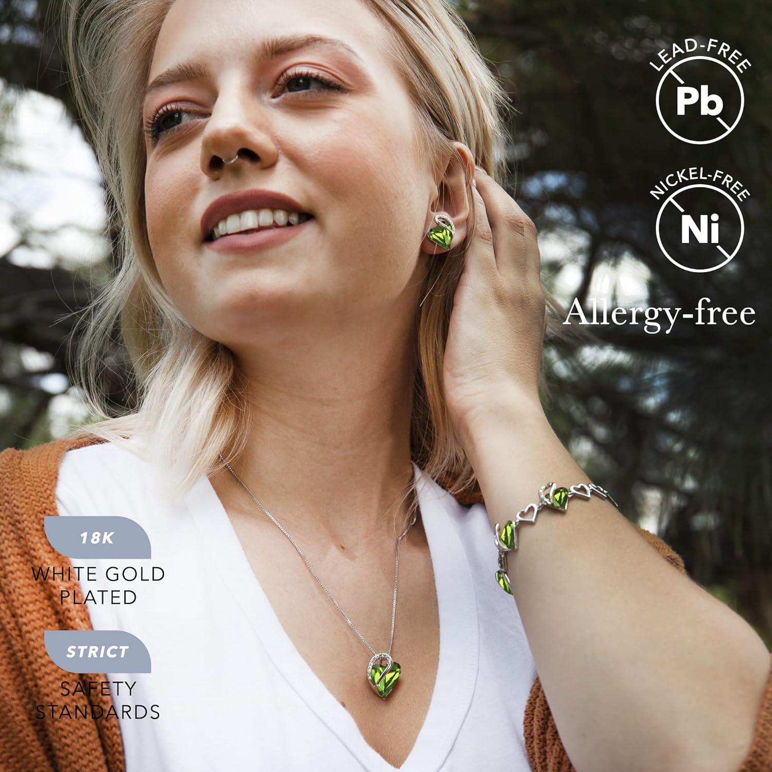 imageLeafael Infinity Love Heart Necklace Stud Earrings and Bracelet for Women August Birthstone Crystal Jewelry Silver Tone Gifts for Women Peridot Green