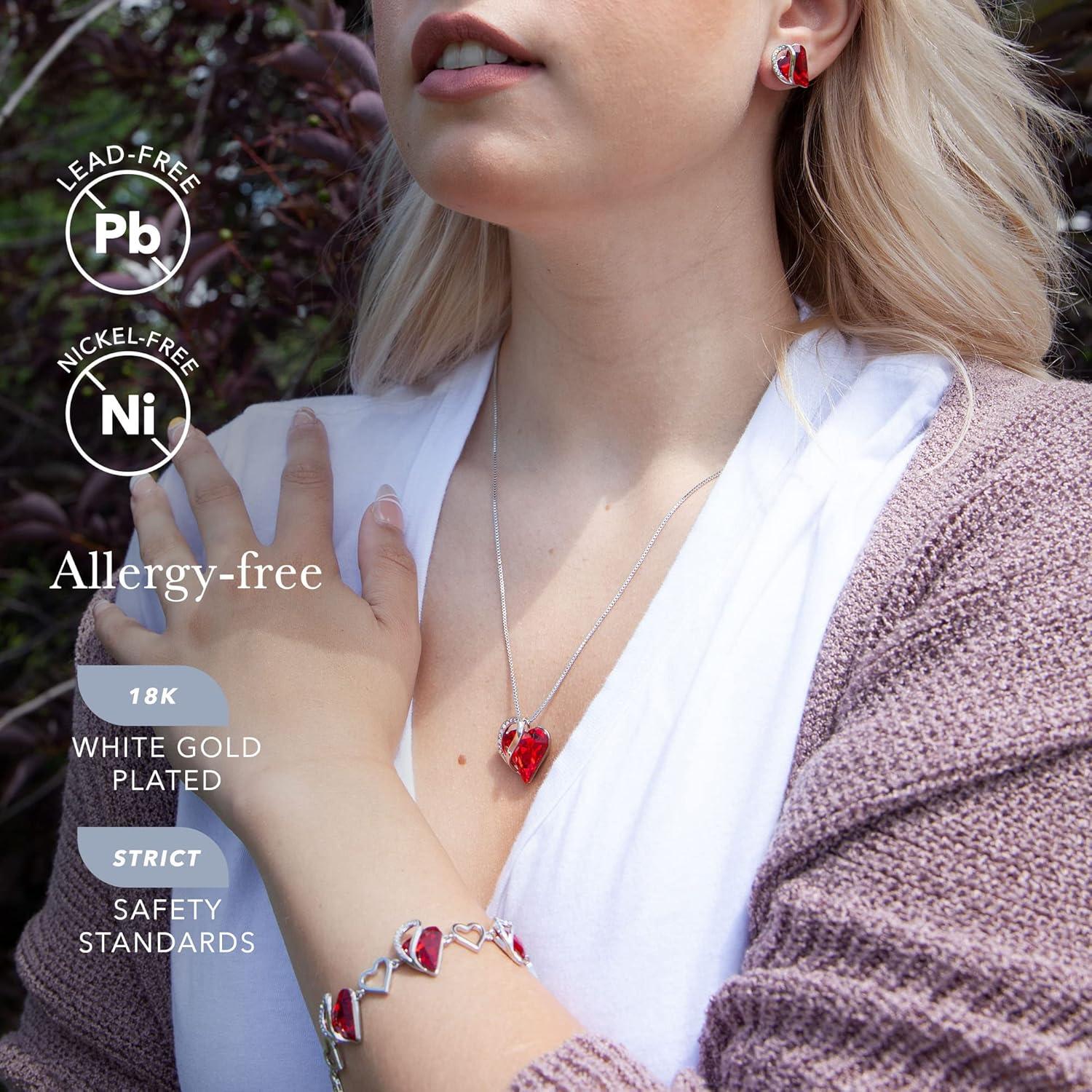 imageLeafael Infinity Love Heart Necklace Stud Earrings and Bracelet for Women July Birthstone Crystal Jewelry Silver Tone Gifts for Women Siam Ruby Red
