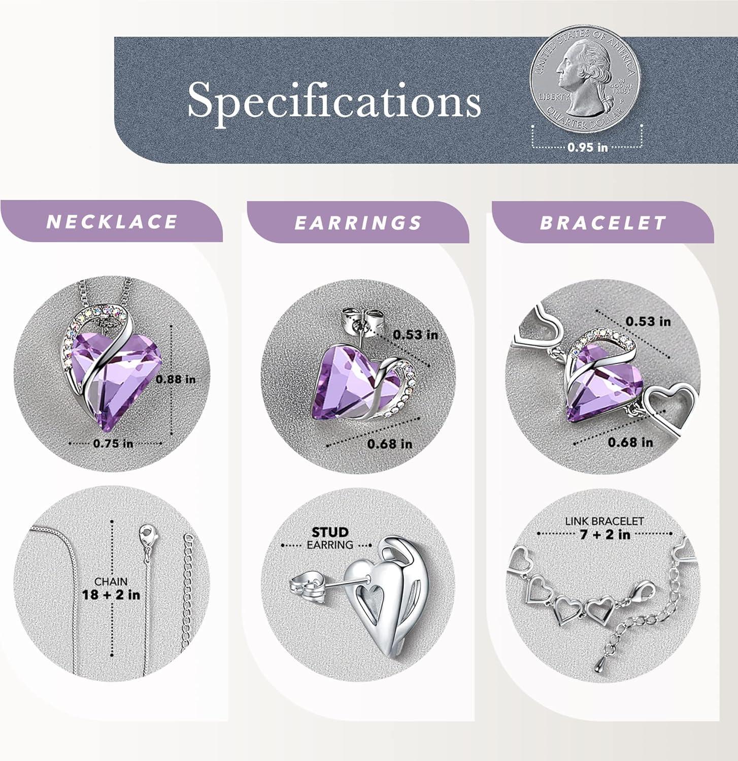 imageLeafael Infinity Love Heart Necklace Stud Earrings and Bracelet for Women June Birthstone Crystal Jewelry Silver Tone Gifts for Women Alexandrite Light Purple