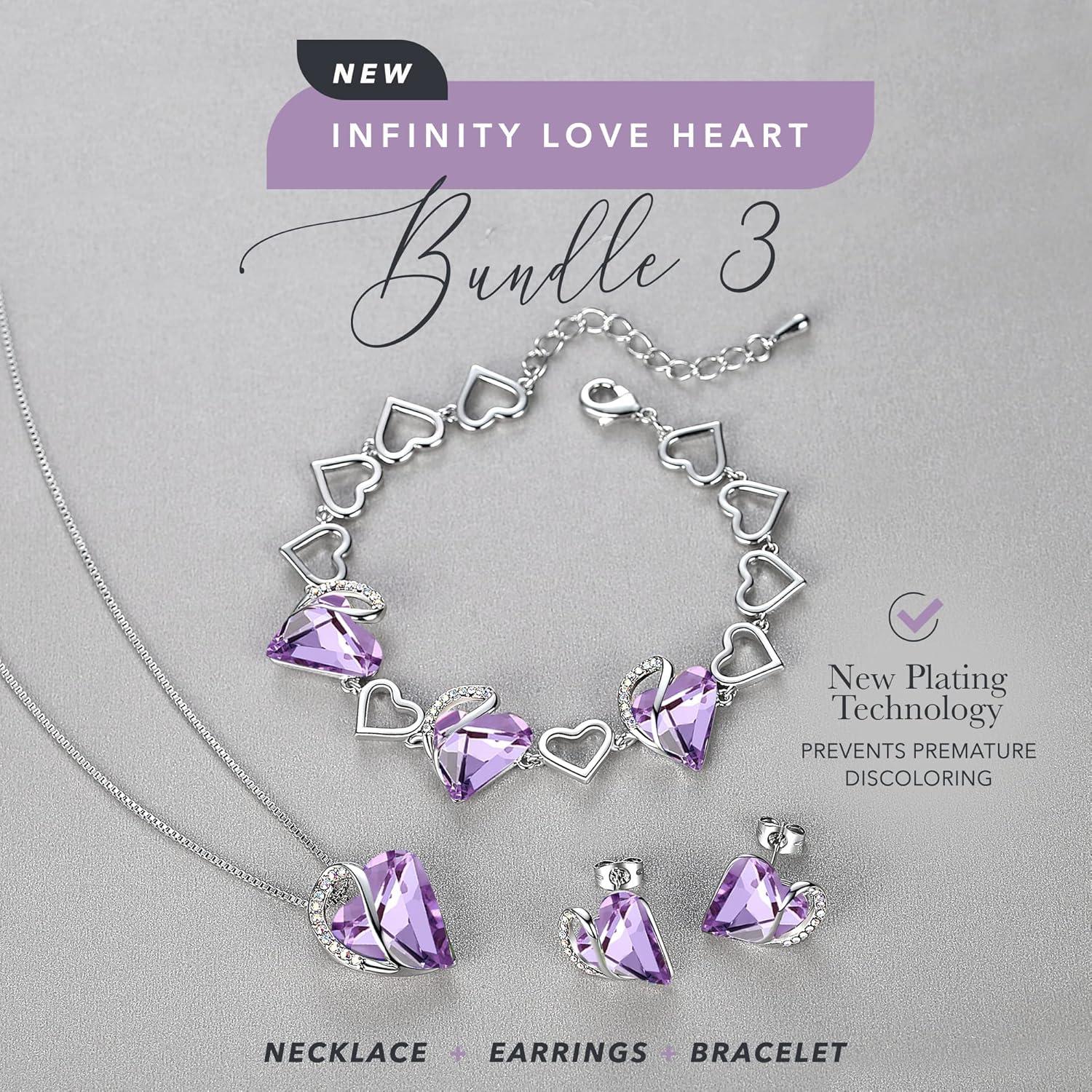 imageLeafael Infinity Love Heart Necklace Stud Earrings and Bracelet for Women June Birthstone Crystal Jewelry Silver Tone Gifts for Women Alexandrite Light Purple