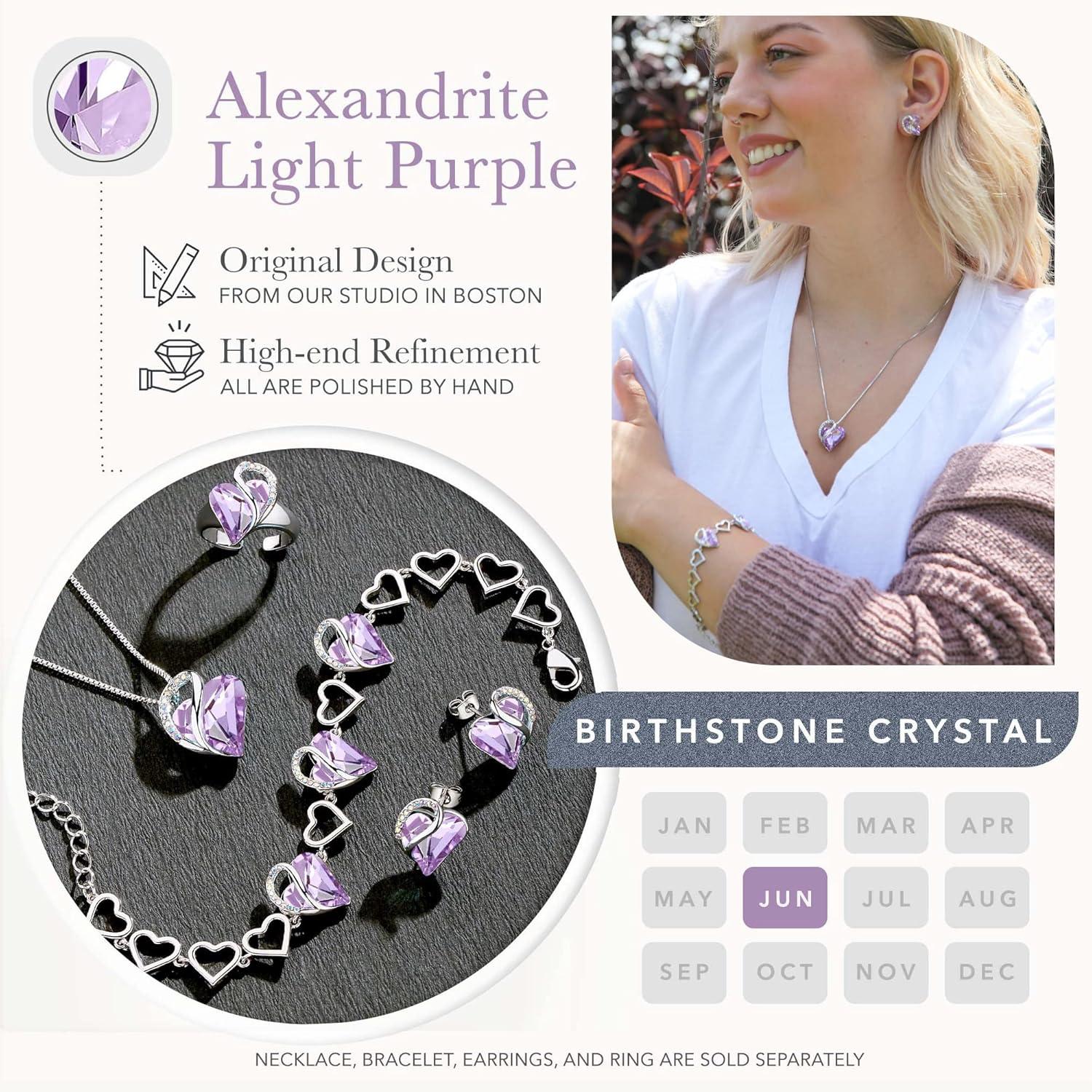 imageLeafael Infinity Love Heart Necklace Stud Earrings and Bracelet for Women June Birthstone Crystal Jewelry Silver Tone Gifts for Women Alexandrite Light Purple
