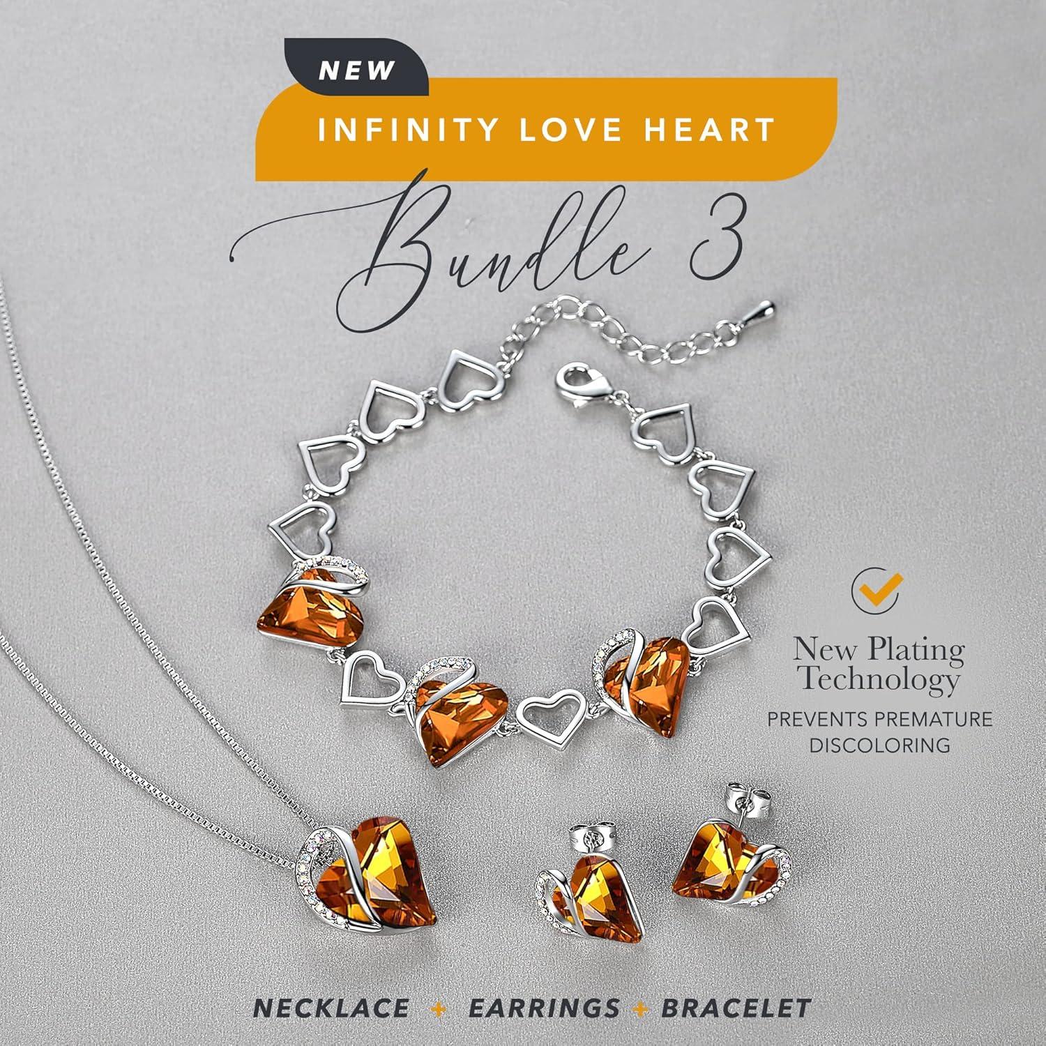 imageLeafael Infinity Love Heart Necklace Stud Earrings and Bracelet for Women November Birthstone Crystal Jewelry Silver Tone Gifts for Women Amber Brown