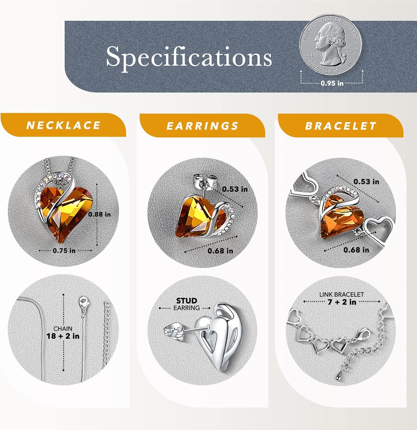 imageLeafael Infinity Love Heart Necklace Stud Earrings and Bracelet for Women November Birthstone Crystal Jewelry Silver Tone Gifts for Women Amber Brown