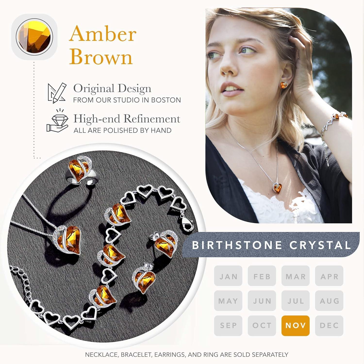 imageLeafael Infinity Love Heart Necklace Stud Earrings and Bracelet for Women November Birthstone Crystal Jewelry Silver Tone Gifts for Women Amber Brown