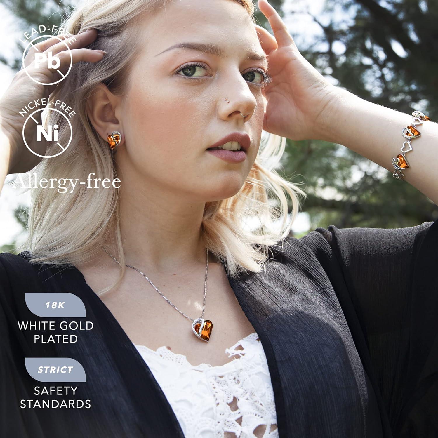 imageLeafael Infinity Love Heart Necklace Stud Earrings and Bracelet for Women November Birthstone Crystal Jewelry Silver Tone Gifts for Women Amber Brown
