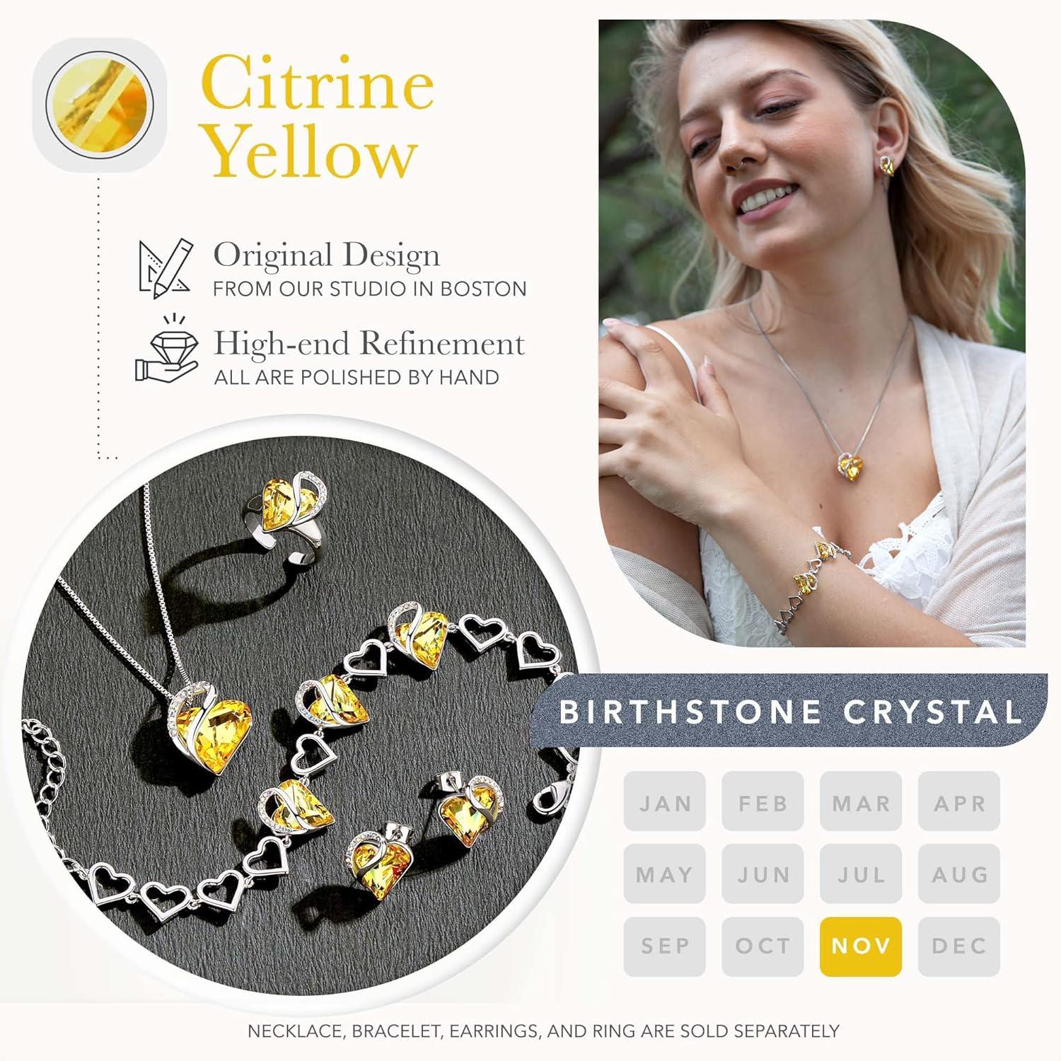 imageLeafael Infinity Love Heart Necklace Stud Earrings and Bracelet for Women November Birthstone Crystal Jewelry Silver Tone Gifts for Women Citrine Yellow