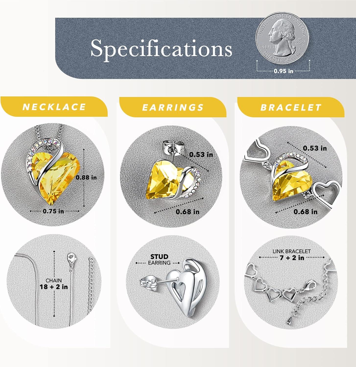imageLeafael Infinity Love Heart Necklace Stud Earrings and Bracelet for Women November Birthstone Crystal Jewelry Silver Tone Gifts for Women Citrine Yellow