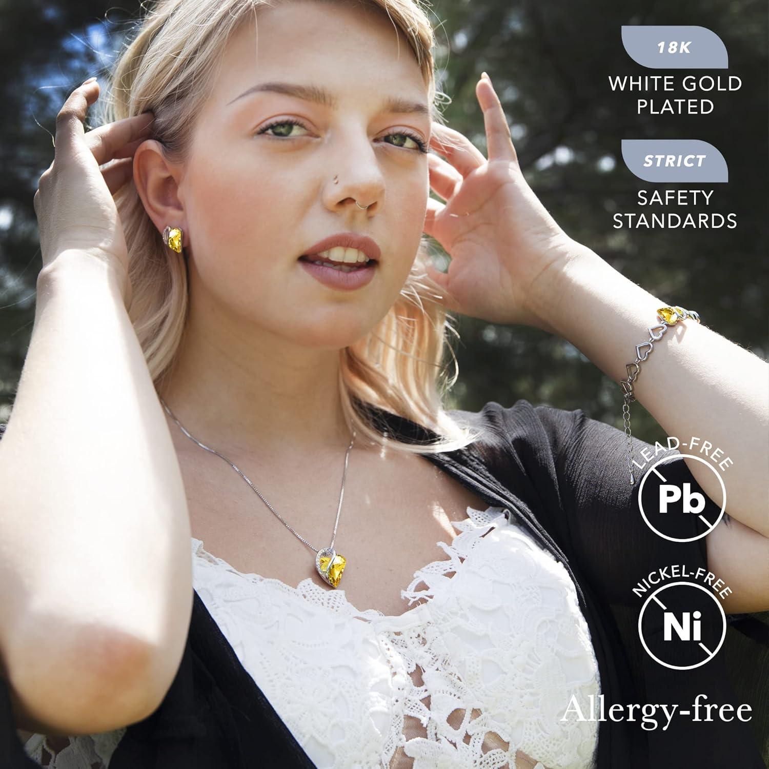 imageLeafael Infinity Love Heart Necklace Stud Earrings and Bracelet for Women November Birthstone Crystal Jewelry Silver Tone Gifts for Women Citrine Yellow