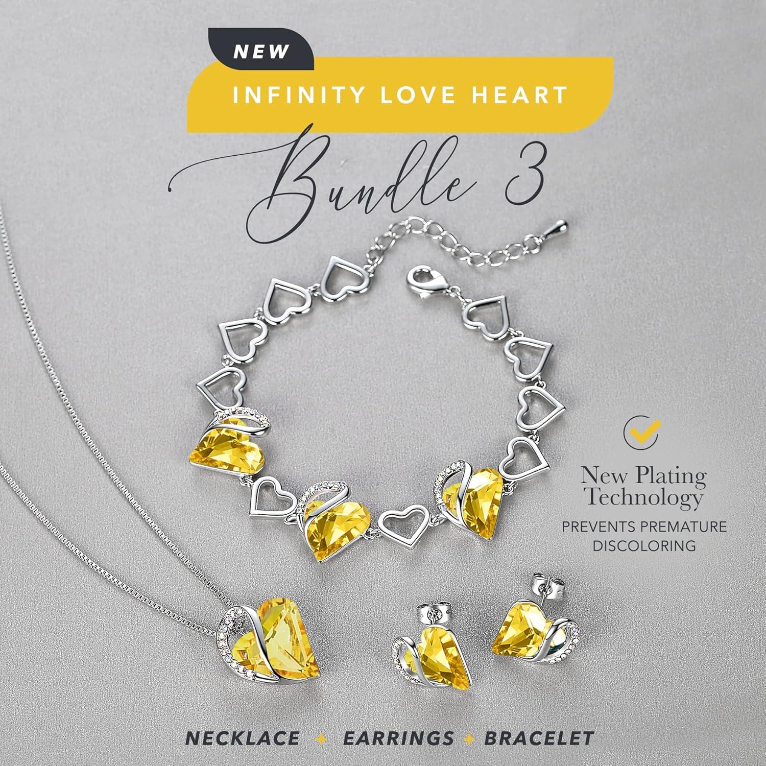 imageLeafael Infinity Love Heart Necklace Stud Earrings and Bracelet for Women November Birthstone Crystal Jewelry Silver Tone Gifts for Women Citrine Yellow