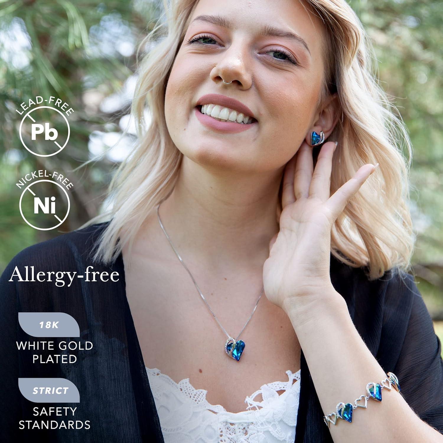 imageLeafael Infinity Love Heart Necklace Stud Earrings and Bracelet for Women September Birthstone Crystal Jewelry Silver Tone Gifts for Women Bermuda Sapphire Blue