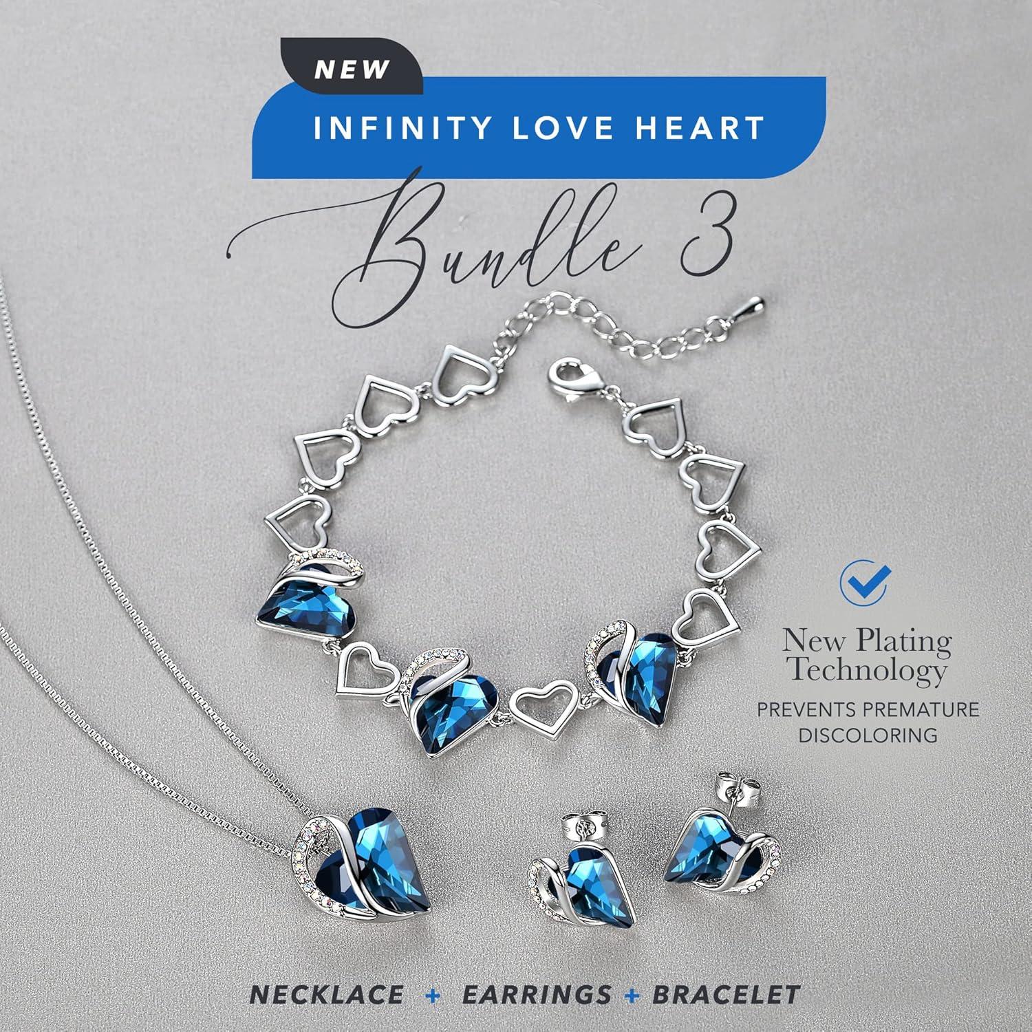 imageLeafael Infinity Love Heart Necklace Stud Earrings and Bracelet for Women September Birthstone Crystal Jewelry Silver Tone Gifts for Women Bermuda Sapphire Blue