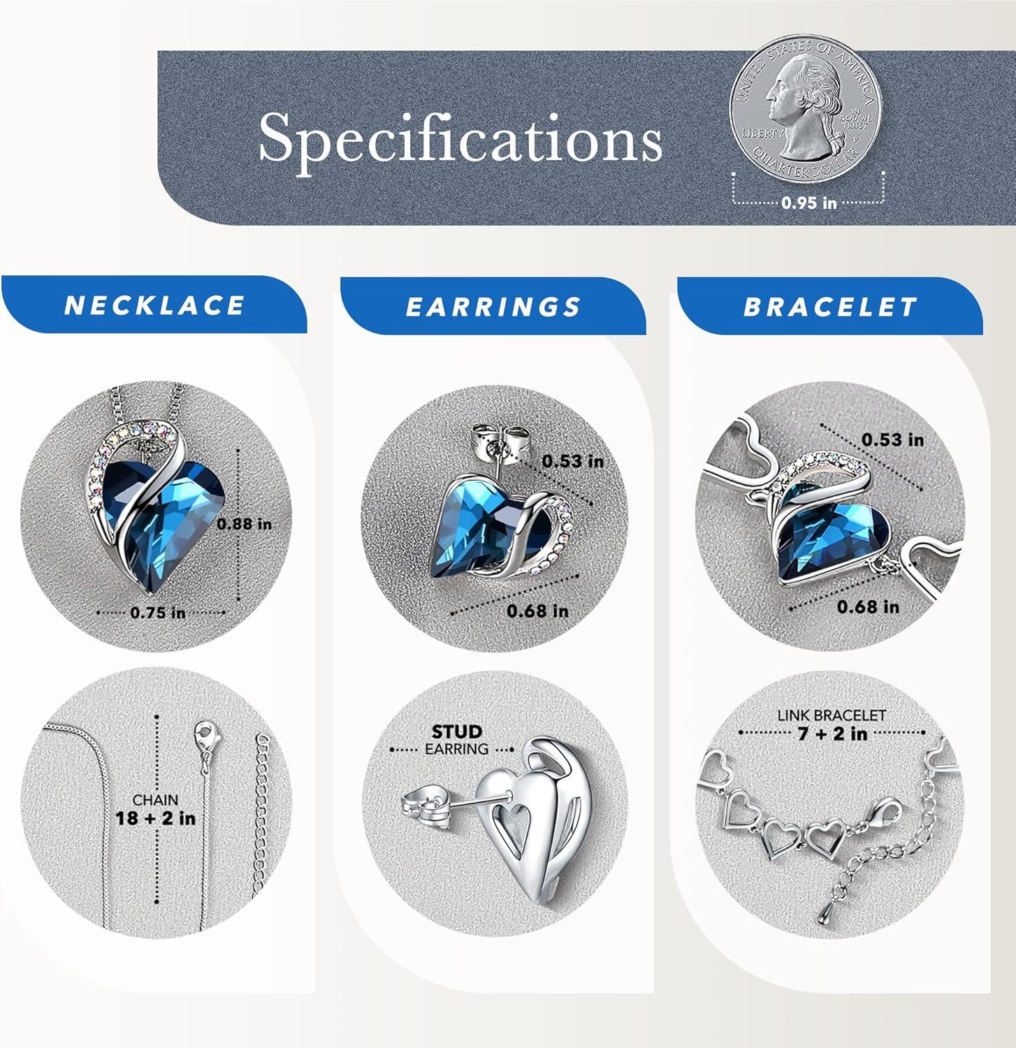 imageLeafael Infinity Love Heart Necklace Stud Earrings and Bracelet for Women September Birthstone Crystal Jewelry Silver Tone Gifts for Women Bermuda Sapphire Blue