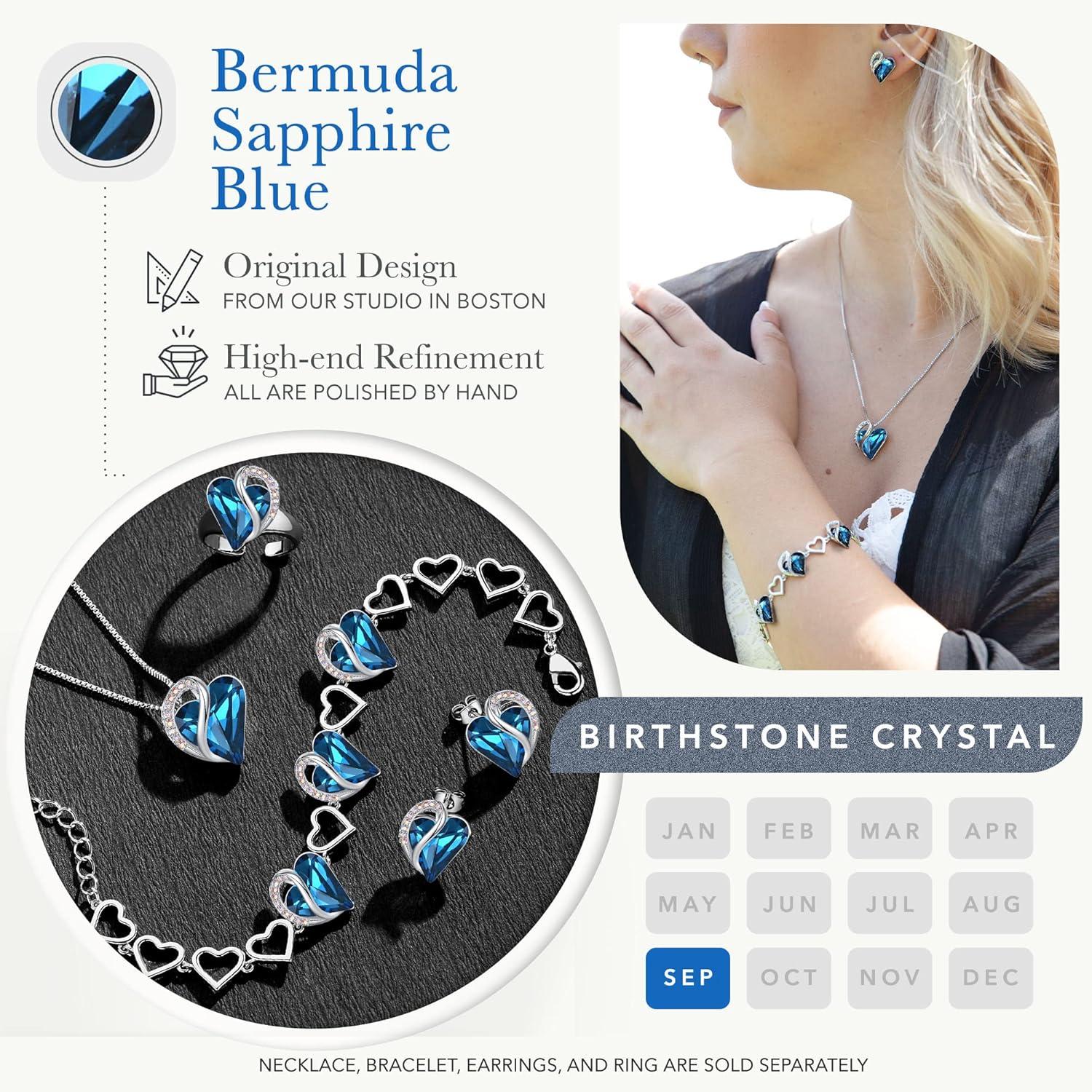 imageLeafael Infinity Love Heart Necklace Stud Earrings and Bracelet for Women September Birthstone Crystal Jewelry Silver Tone Gifts for Women Bermuda Sapphire Blue