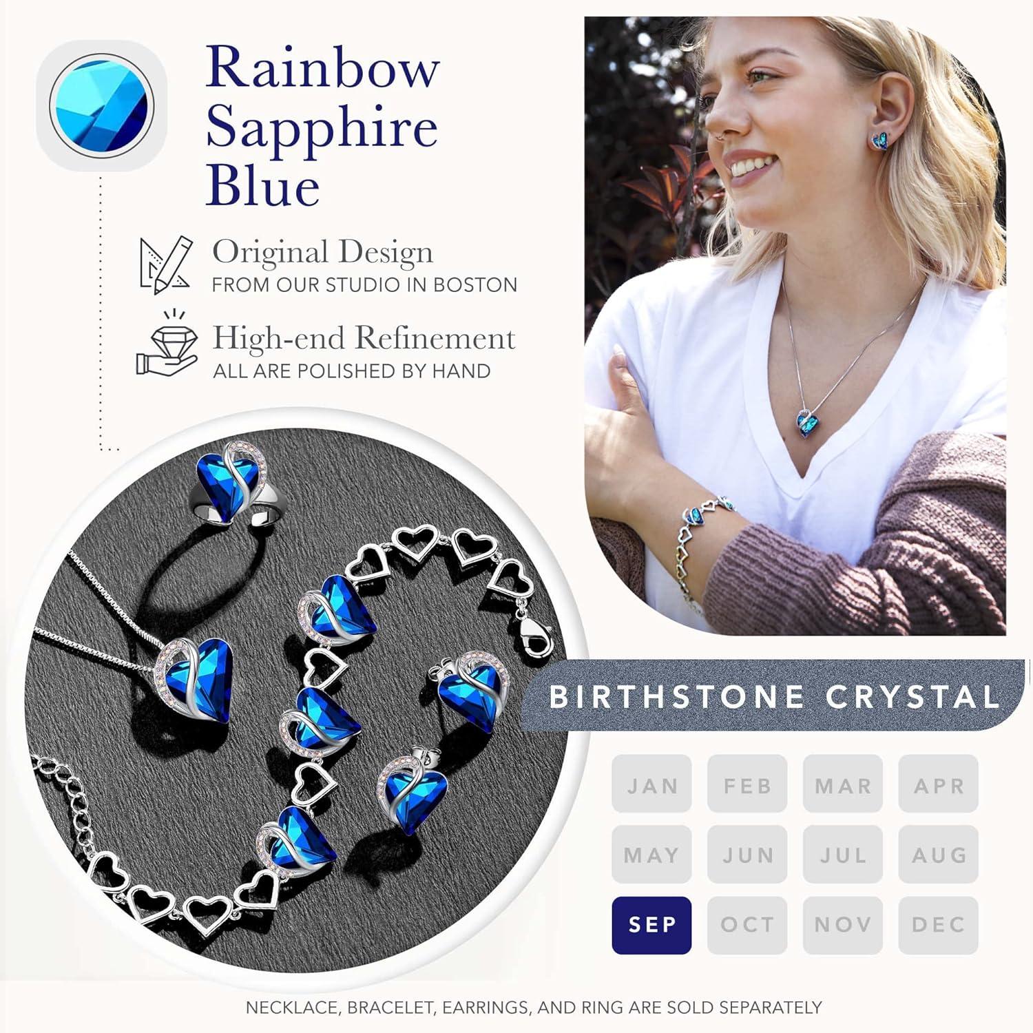 imageLeafael Infinity Love Heart Necklace Stud Earrings and Bracelet for Women September Birthstone Crystal Jewelry Silver Tone Gifts for Women Rainbow Sapphire Blue