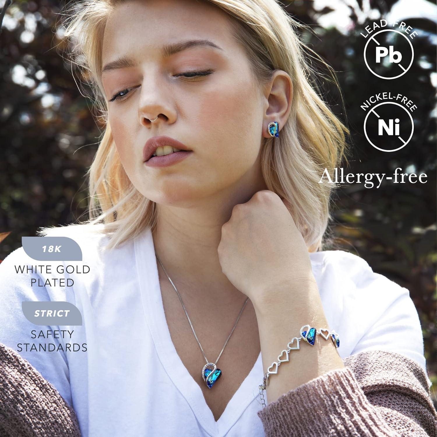 imageLeafael Infinity Love Heart Necklace Stud Earrings and Bracelet for Women September Birthstone Crystal Jewelry Silver Tone Gifts for Women Rainbow Sapphire Blue
