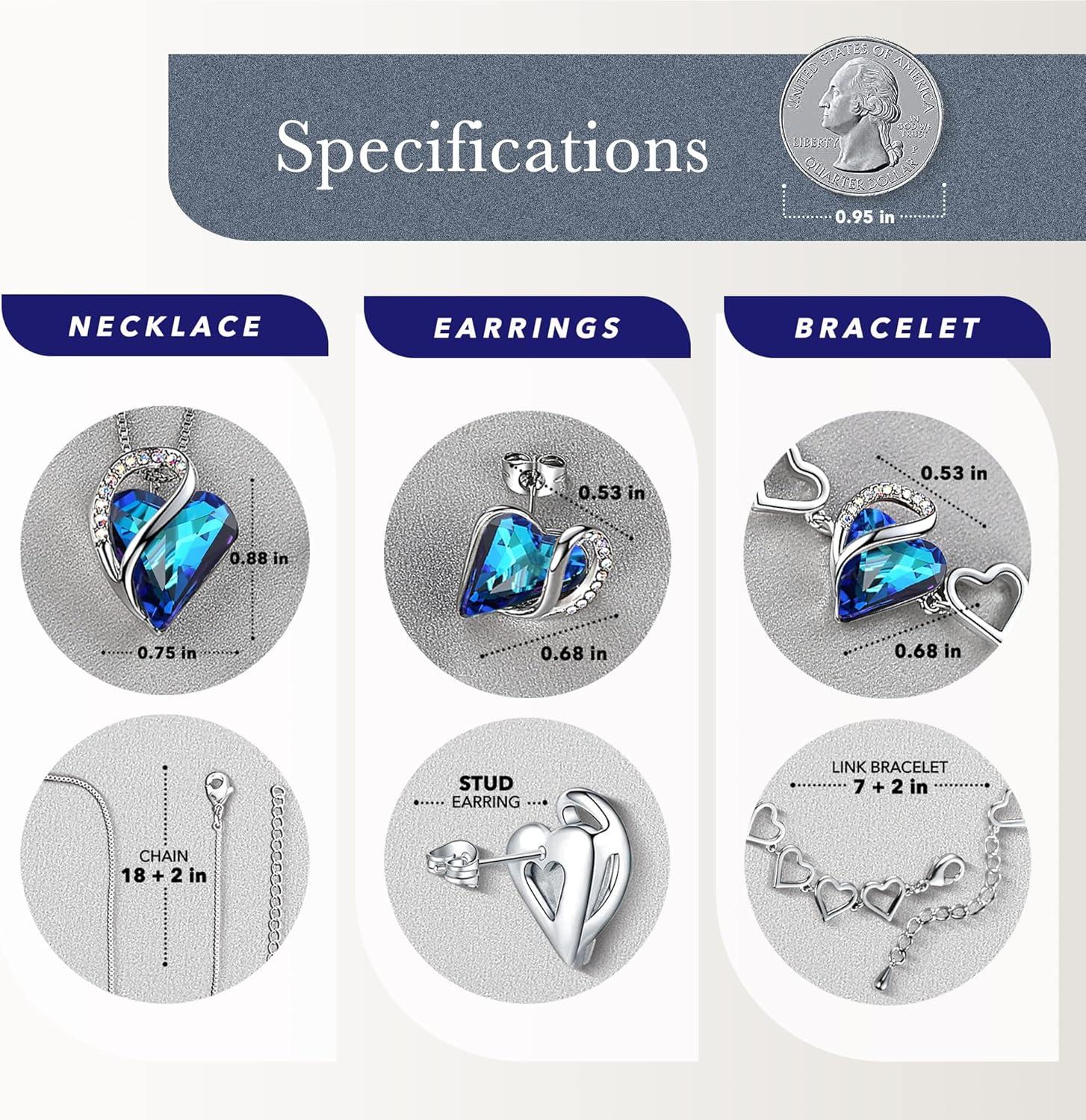 imageLeafael Infinity Love Heart Necklace Stud Earrings and Bracelet for Women September Birthstone Crystal Jewelry Silver Tone Gifts for Women Rainbow Sapphire Blue