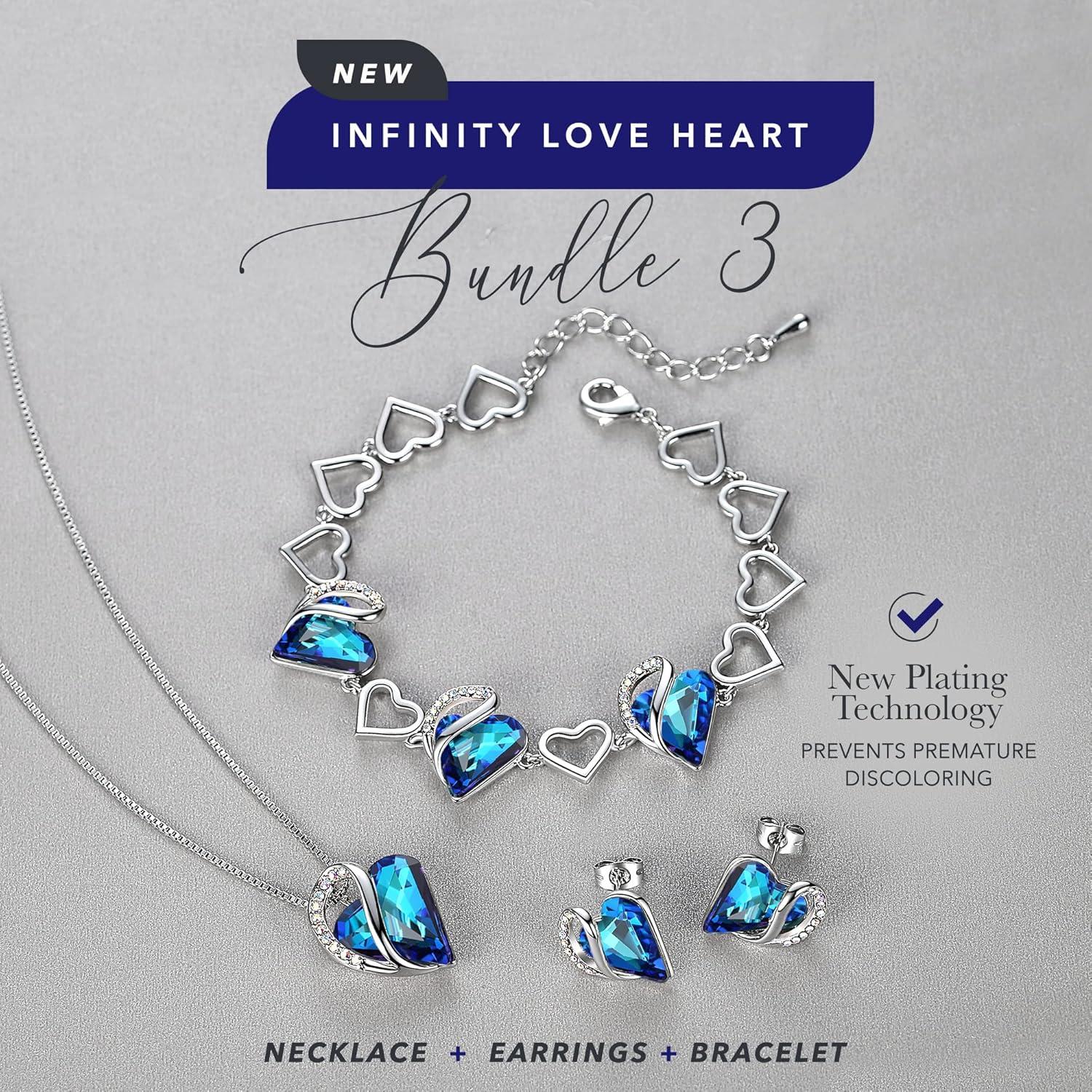 imageLeafael Infinity Love Heart Necklace Stud Earrings and Bracelet for Women September Birthstone Crystal Jewelry Silver Tone Gifts for Women Rainbow Sapphire Blue