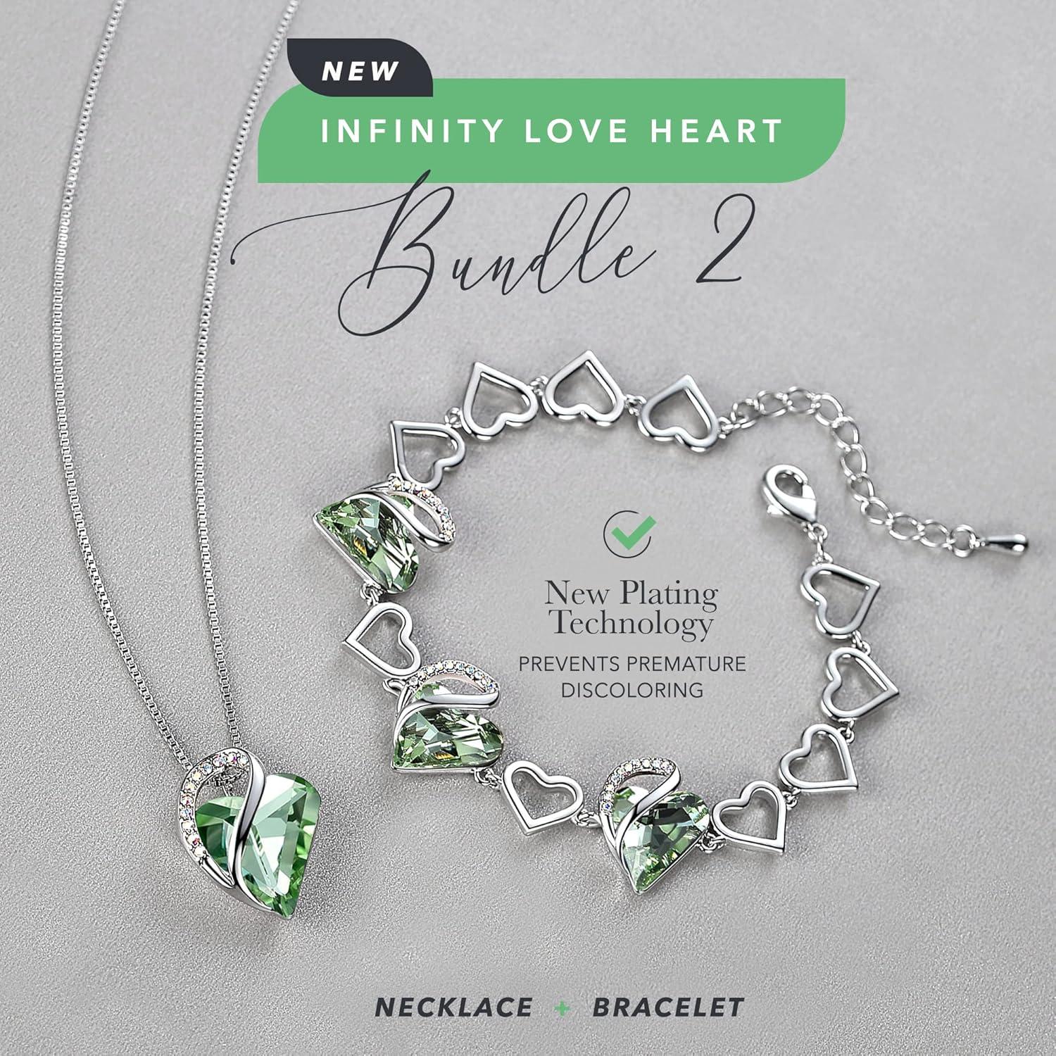imageLeafael Infinity Love Heart Necklace and Bracelet for Women August Birthstone Crystal Jewelry Silver Tone Bundle Gifts for Women Light Chrysolite Green