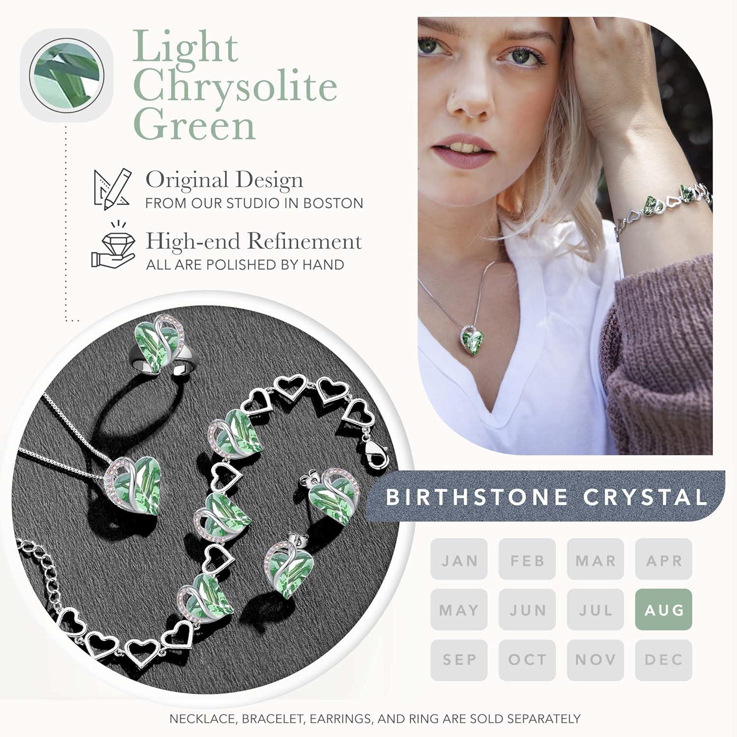 imageLeafael Infinity Love Heart Necklace and Bracelet for Women August Birthstone Crystal Jewelry Silver Tone Bundle Gifts for Women Light Chrysolite Green
