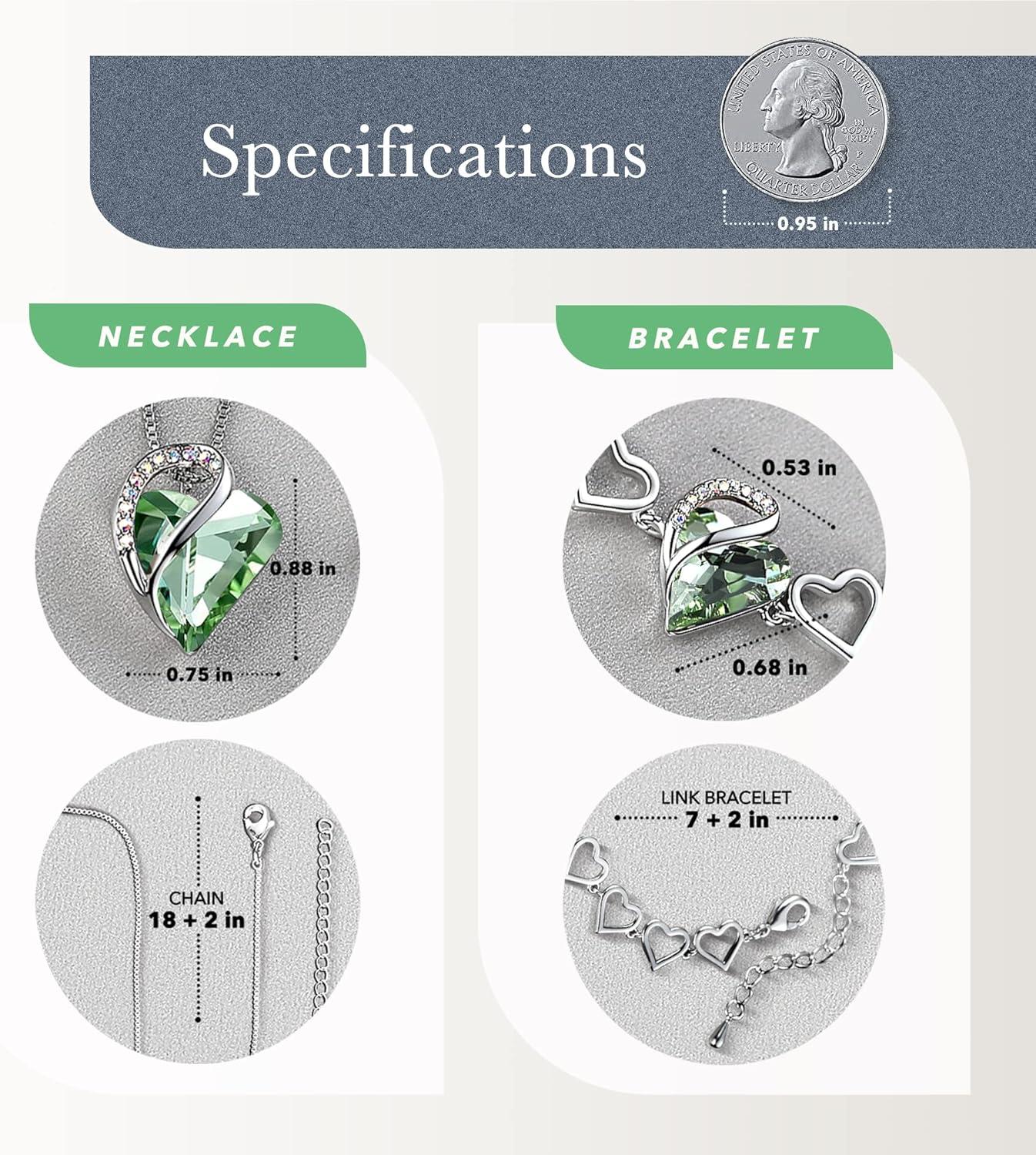 imageLeafael Infinity Love Heart Necklace and Bracelet for Women August Birthstone Crystal Jewelry Silver Tone Bundle Gifts for Women Light Chrysolite Green