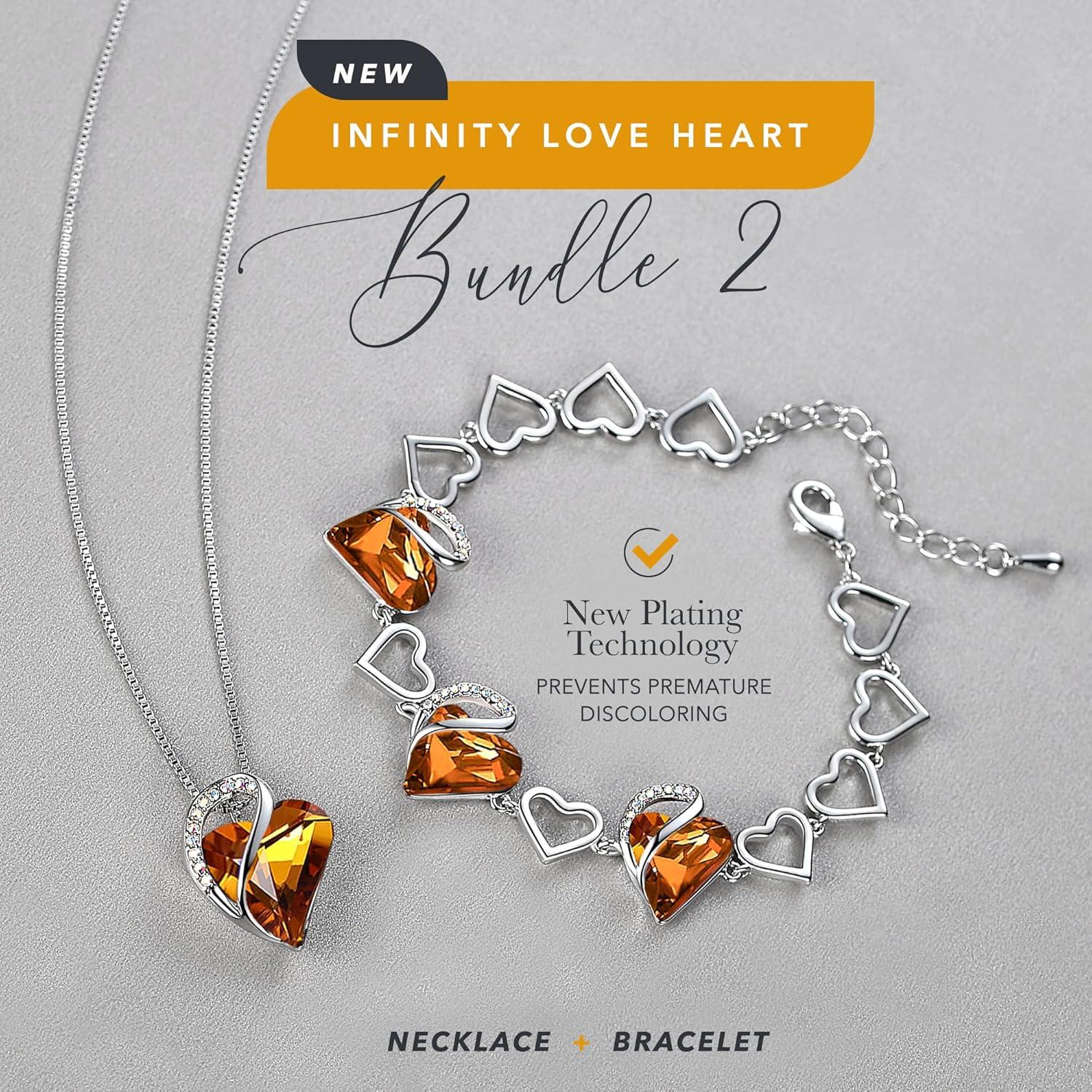 imageLeafael Infinity Love Heart Necklace and Bracelet for Women November Birthstone Crystal Jewelry Silver Tone Bundle Gifts for Women Amber Brown