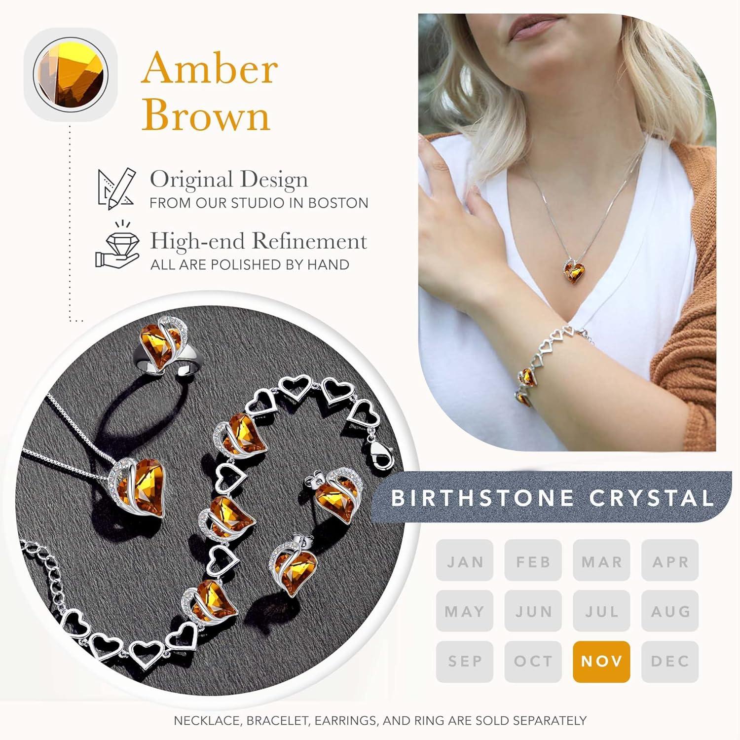 imageLeafael Infinity Love Heart Necklace and Bracelet for Women November Birthstone Crystal Jewelry Silver Tone Bundle Gifts for Women Amber Brown