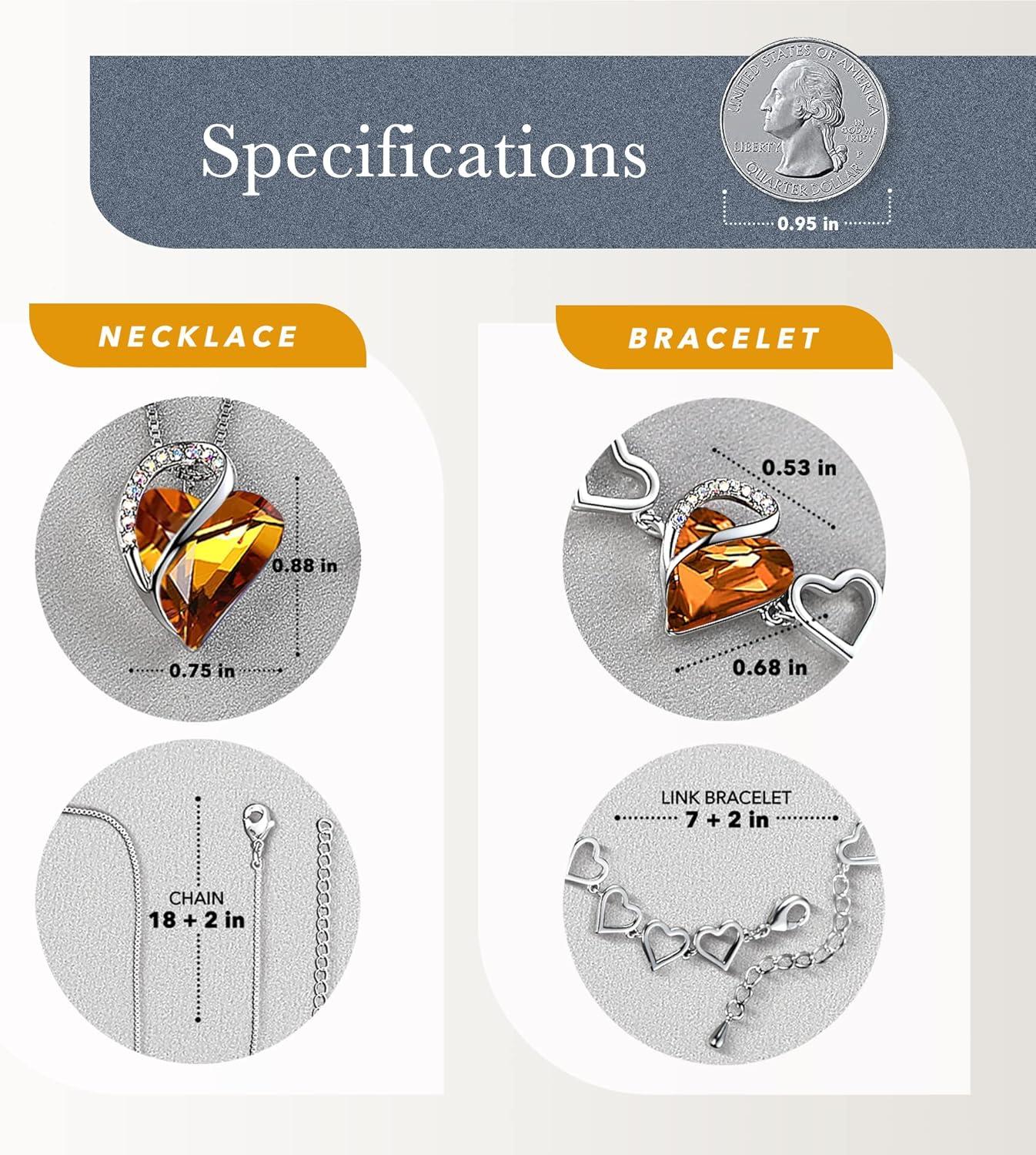 imageLeafael Infinity Love Heart Necklace and Bracelet for Women November Birthstone Crystal Jewelry Silver Tone Bundle Gifts for Women Amber Brown