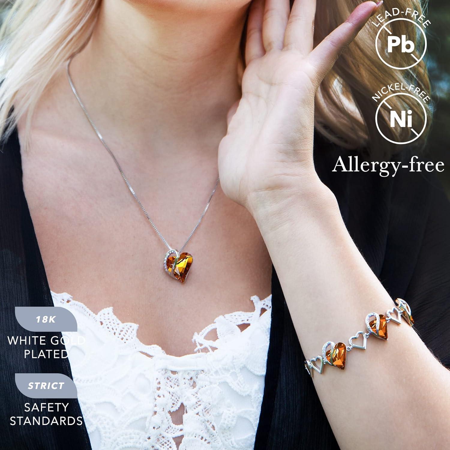 imageLeafael Infinity Love Heart Necklace and Bracelet for Women November Birthstone Crystal Jewelry Silver Tone Bundle Gifts for Women Amber Brown