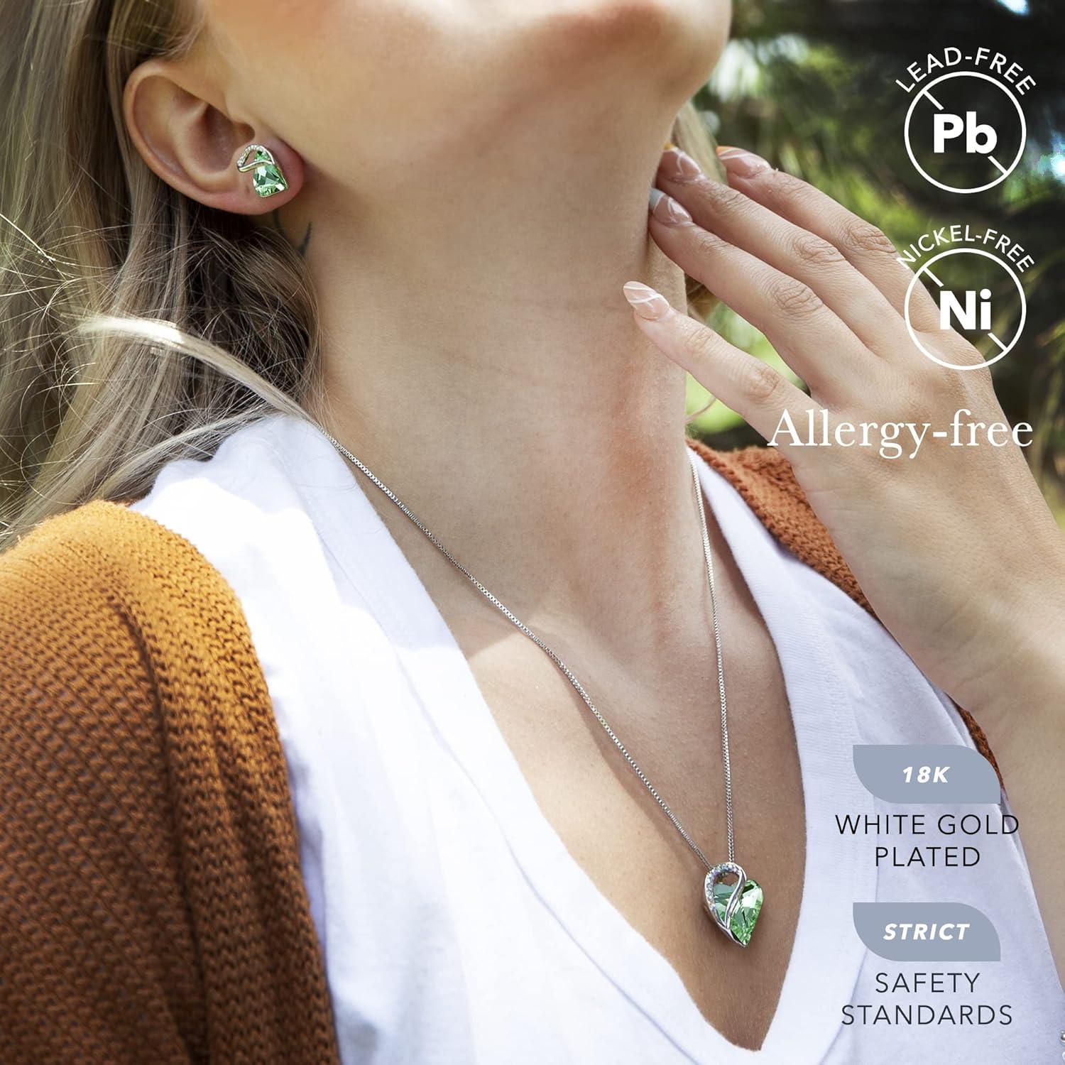 imageLeafael Infinity Love Heart Necklace and Stud Earrings for Women August Birthstone Crystal Jewelry Silver Tone Bundle Gifts for Women Light Chrysolite Green