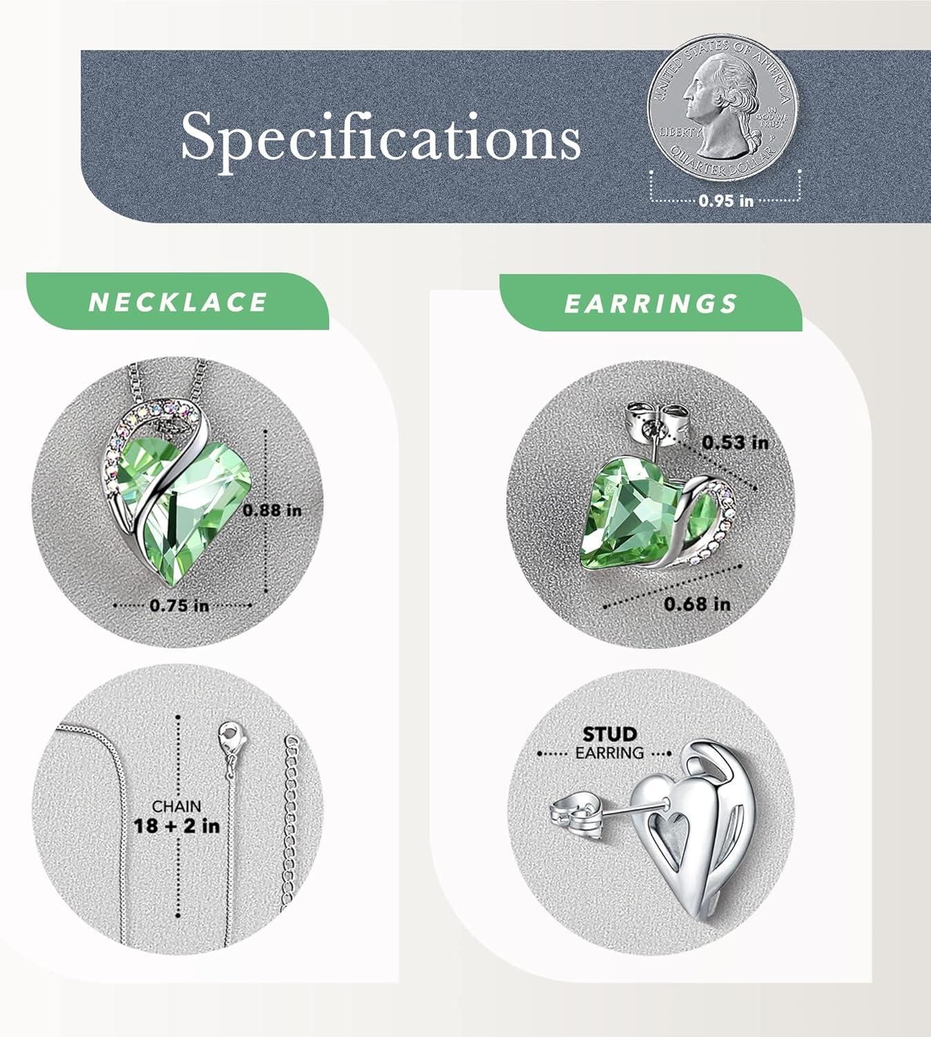 imageLeafael Infinity Love Heart Necklace and Stud Earrings for Women August Birthstone Crystal Jewelry Silver Tone Bundle Gifts for Women Light Chrysolite Green