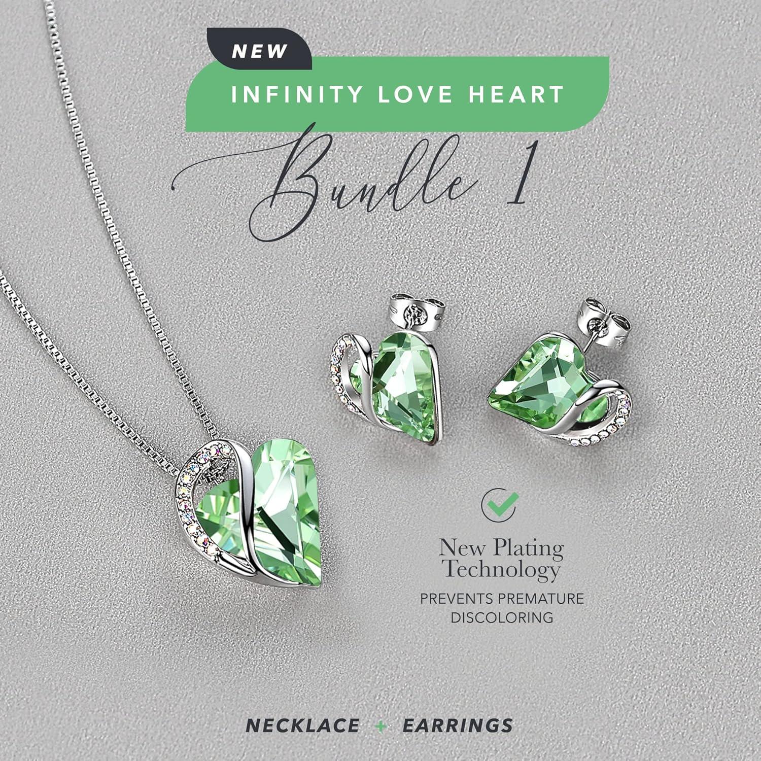 imageLeafael Infinity Love Heart Necklace and Stud Earrings for Women August Birthstone Crystal Jewelry Silver Tone Bundle Gifts for Women Light Chrysolite Green