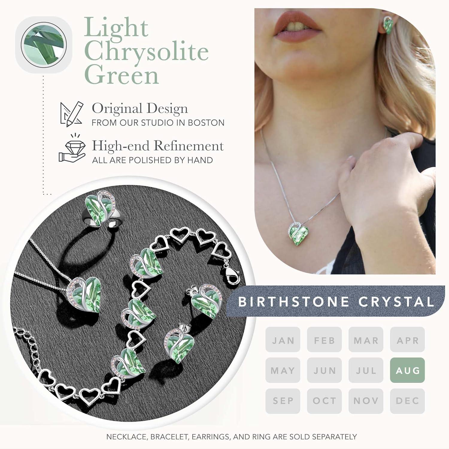 imageLeafael Infinity Love Heart Necklace and Stud Earrings for Women August Birthstone Crystal Jewelry Silver Tone Bundle Gifts for Women Light Chrysolite Green