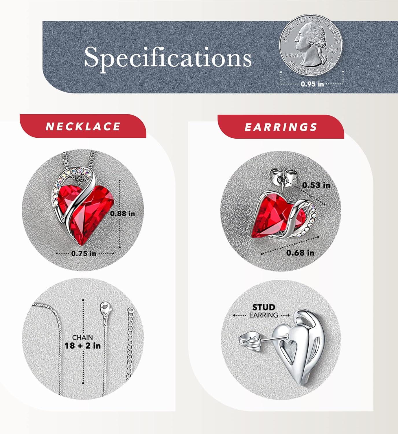 imageLeafael Infinity Love Heart Necklace and Stud Earrings for Women July Birthstone Crystal Jewelry Silver Tone Bundle Gifts for Women Siam Ruby Red